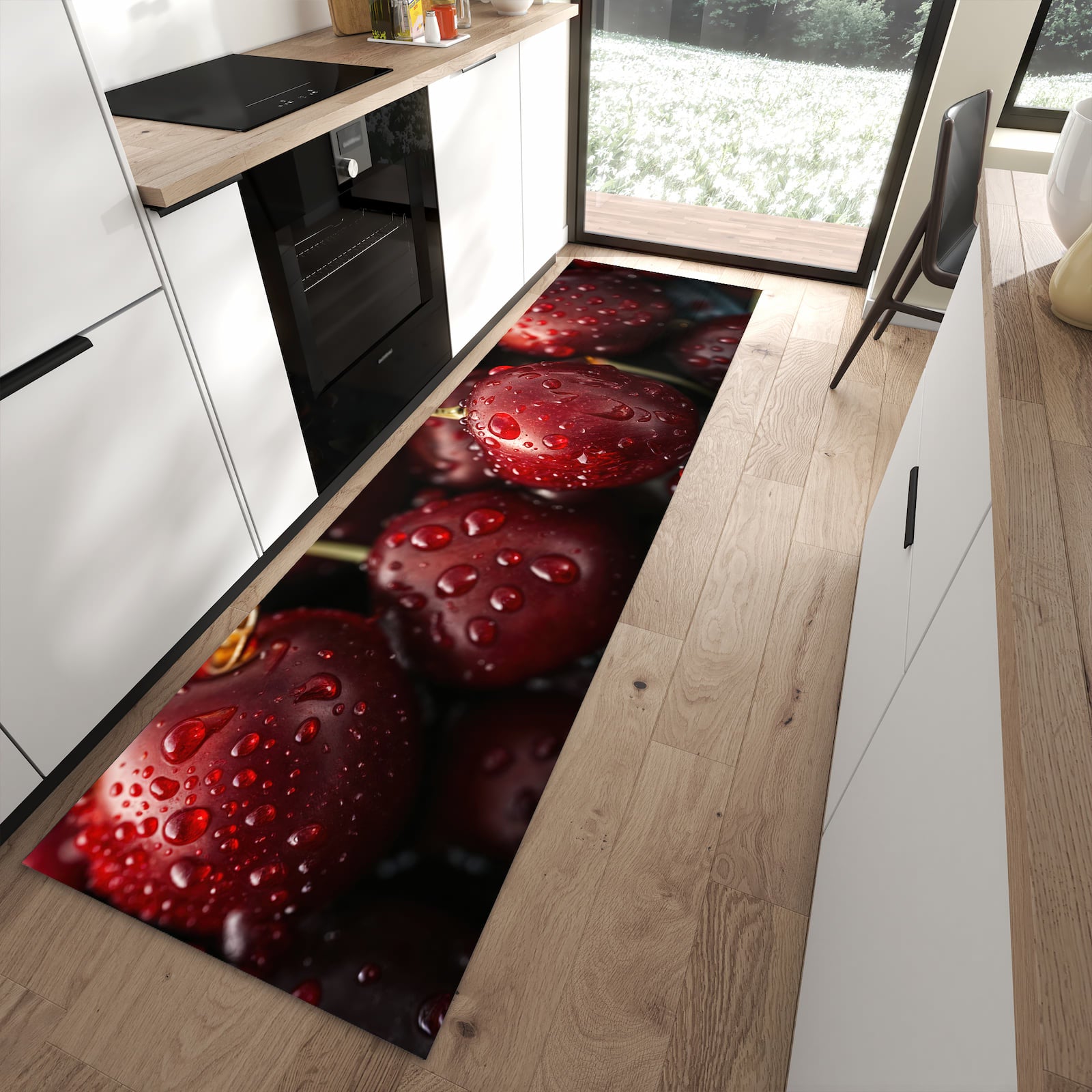 Hygienischer Küchenläufer mit Motiv Reife Kirschen in moderner Küche