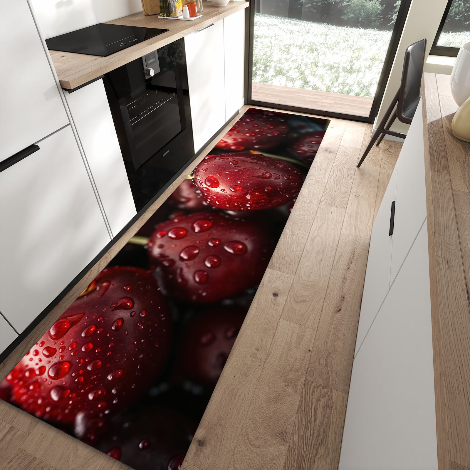 Strapazierfähiger Küchenläufer mit Motiv Reife Kirschen in moderner Küche