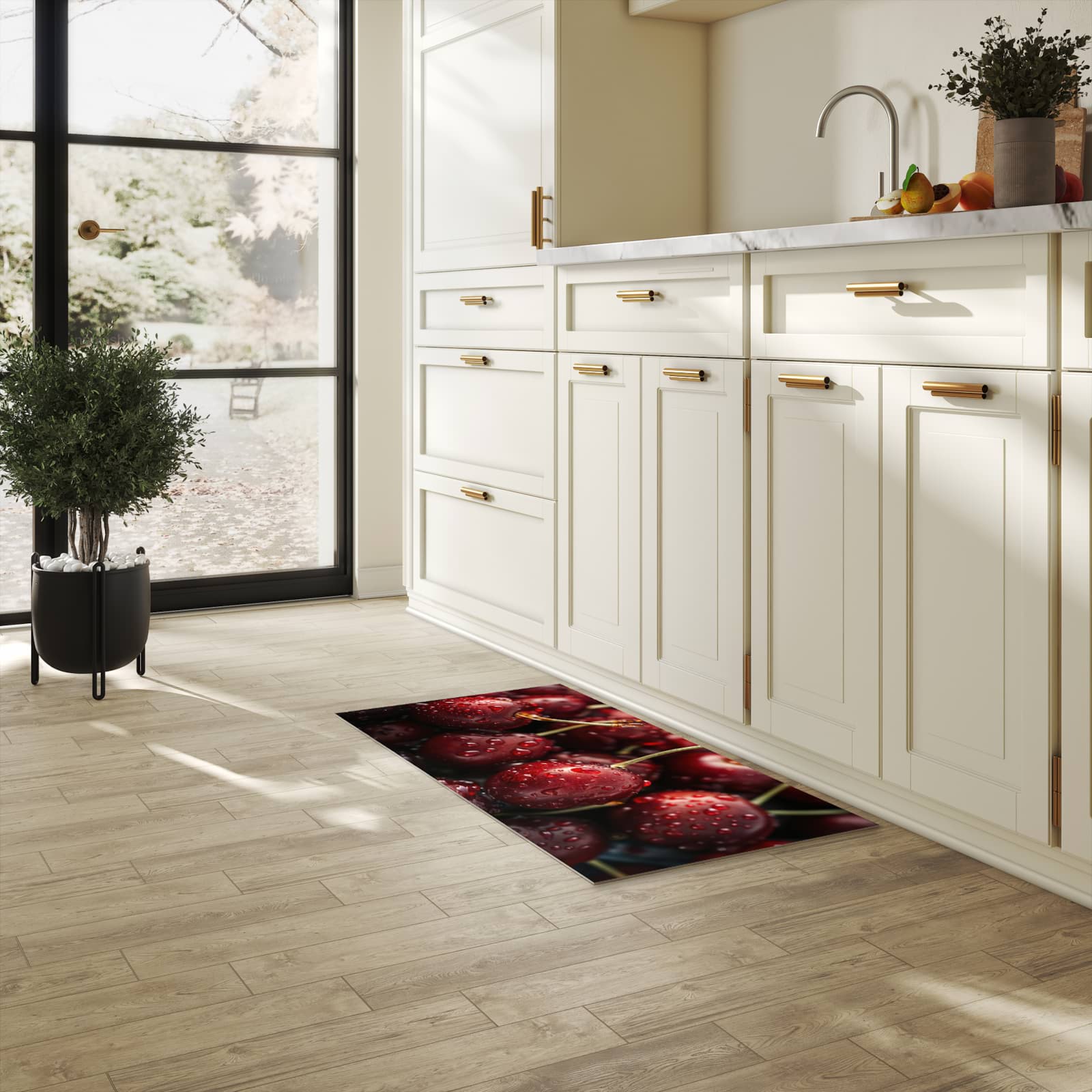 Hygienischer Küchenteppich mit Motiv Reife Kirschen in heller Küche - abwaschbar