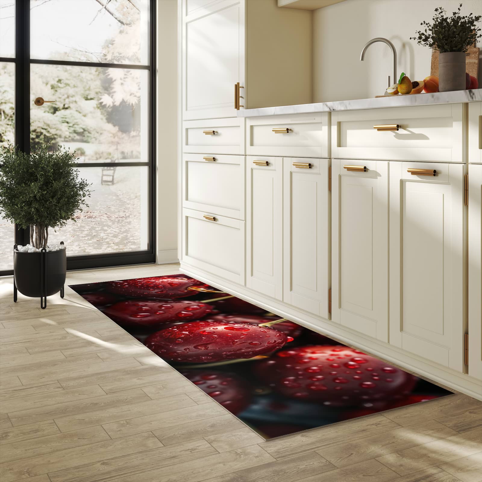 Bodenschonender Küchenteppich mit Motiv Reife Kirschen in heller Küche