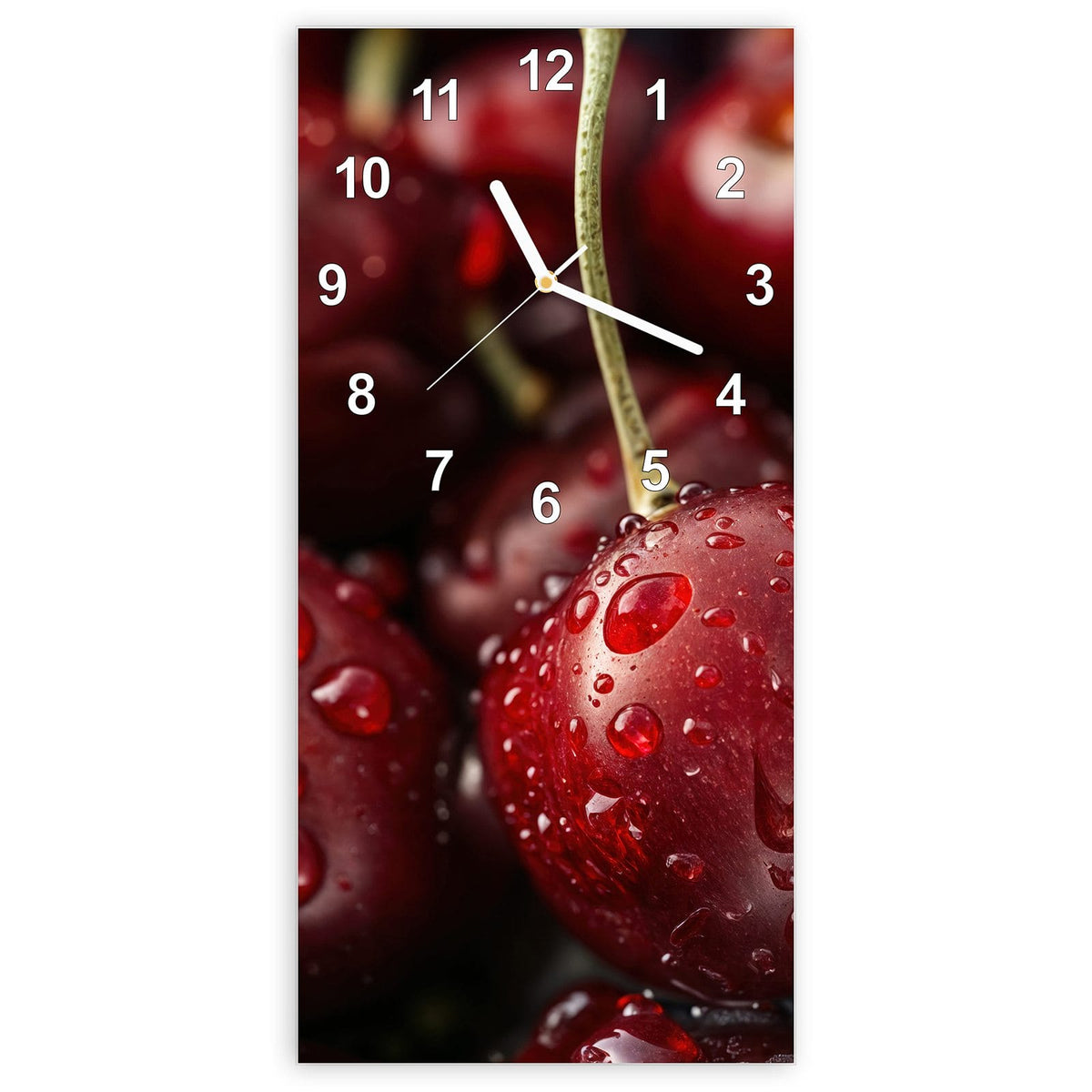 Wanduhr aus Glas, Ziffernblatt Modern mit Motiv Rubinrote Kirschen: Nahaufnahme praller dunkelroter Kirschen mit Wassertropfen
