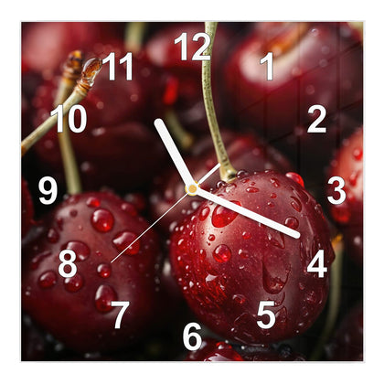 Wanduhr Quadratisch mit dem Motiv Rubinrote Kirschen