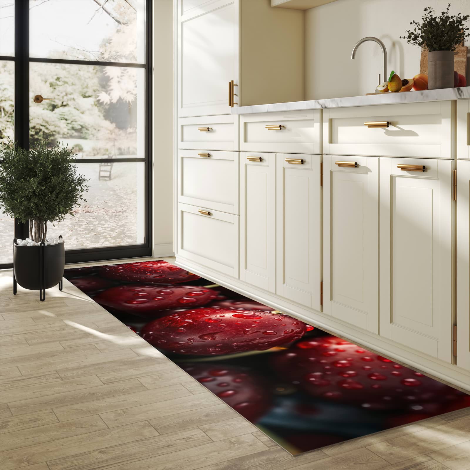 Formstabiler Küchenläufer mit Motiv Reife Kirschen in heller Küche