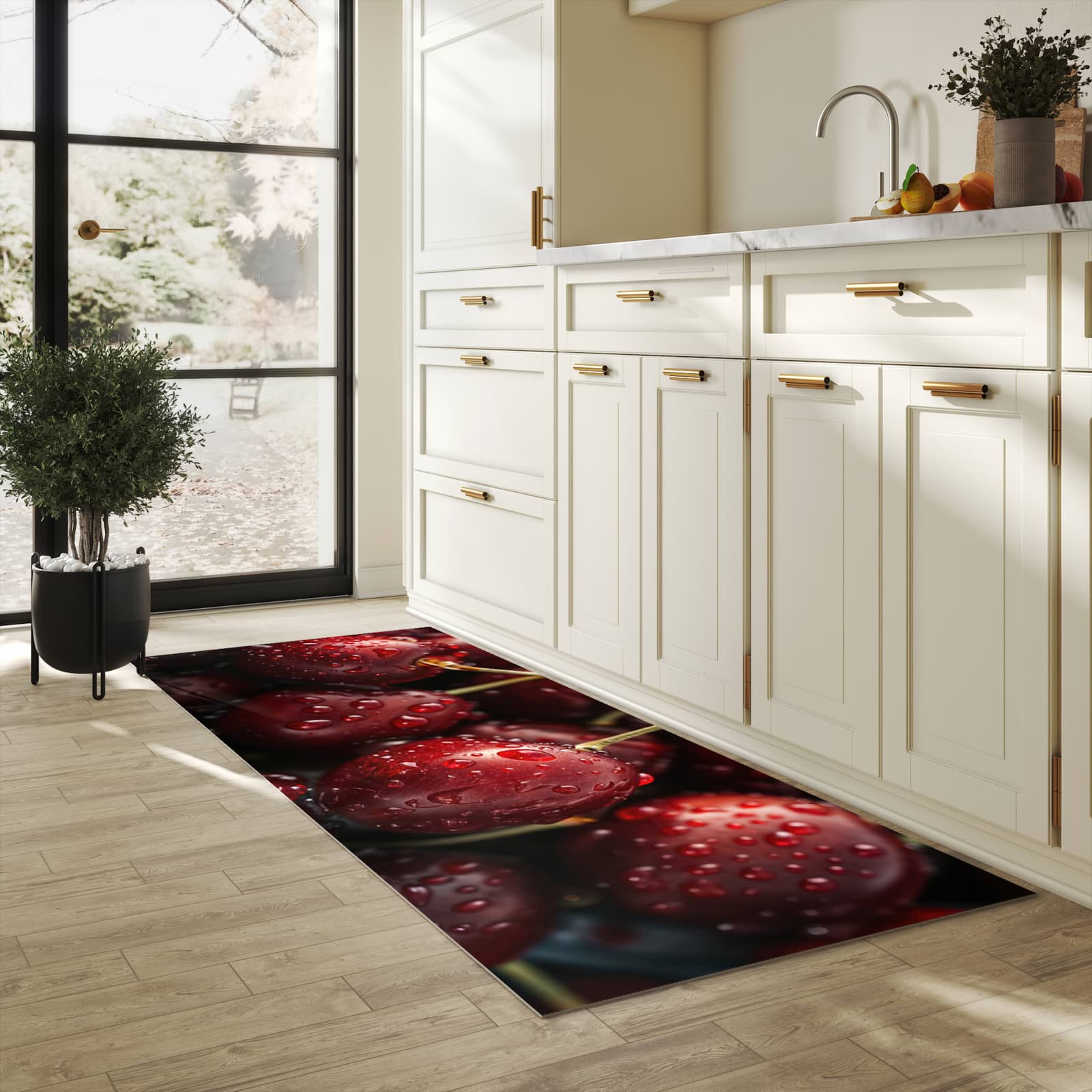 Zeitsparender Küchenteppich mit Motiv Reife Kirschen in heller Küche
