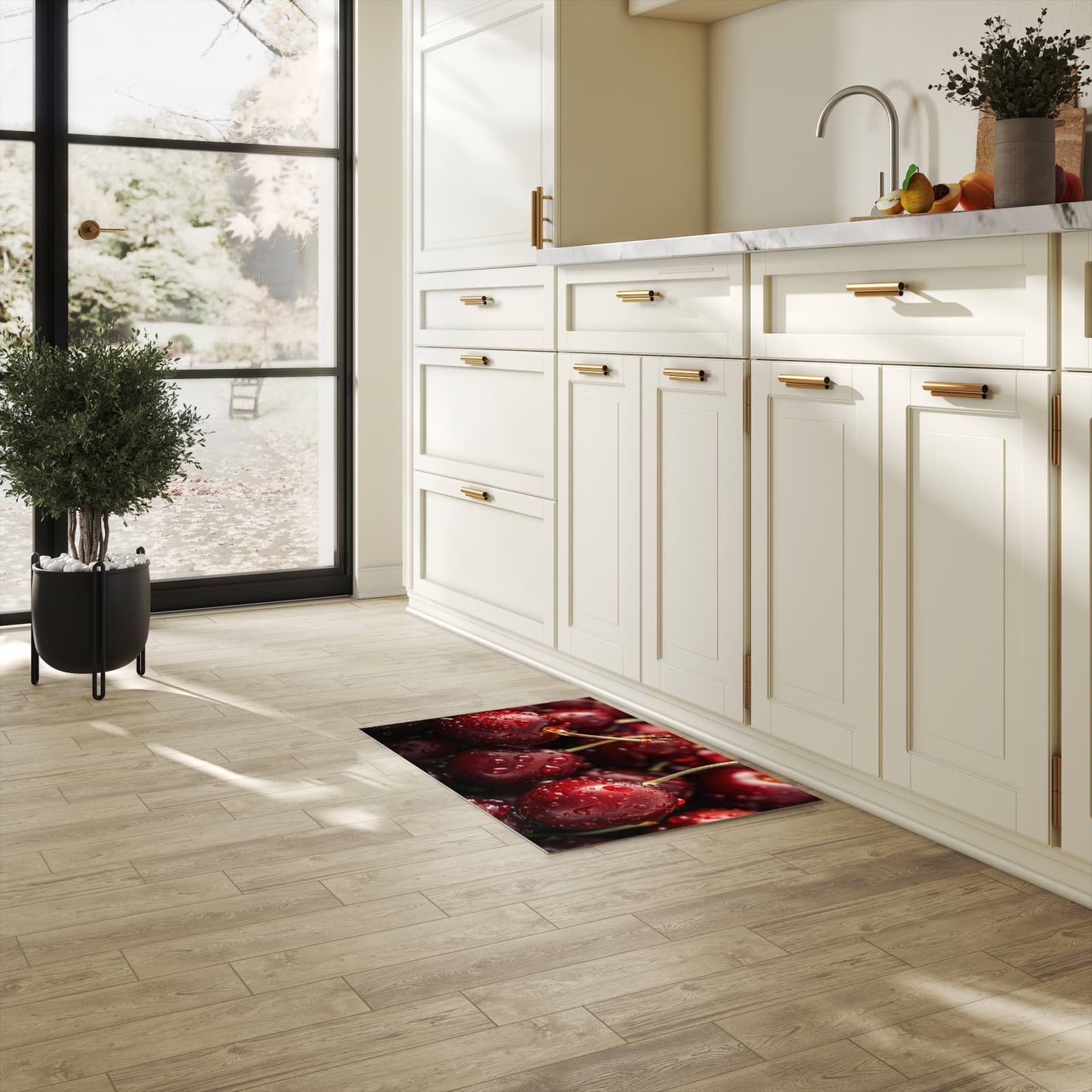 Bodenschonender Küchenteppich mit Motiv Reife Kirschen in heller Küche
