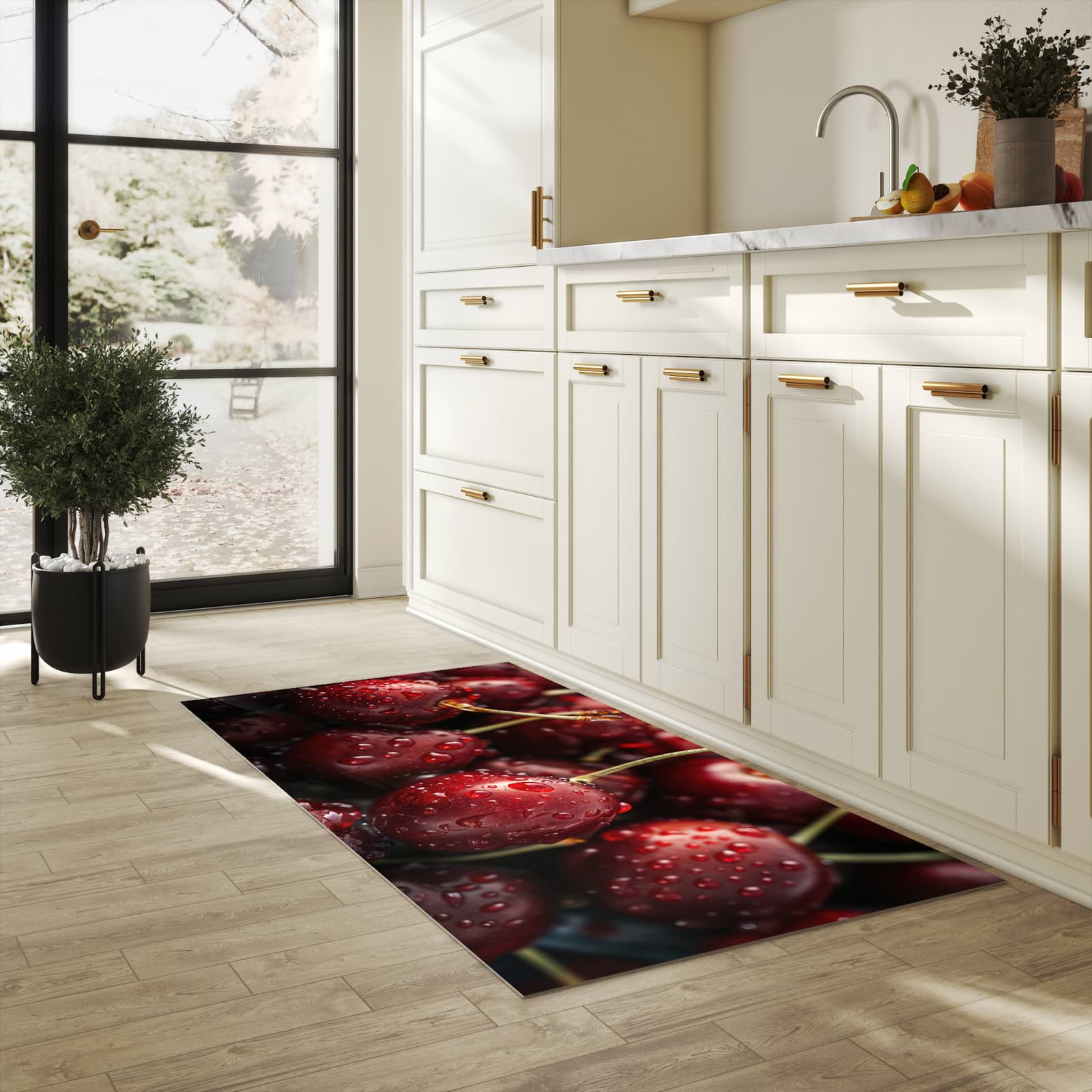 Küchenteppich mit Motiv Reife Kirschen in heller Küche für sicheres Aufbewahren