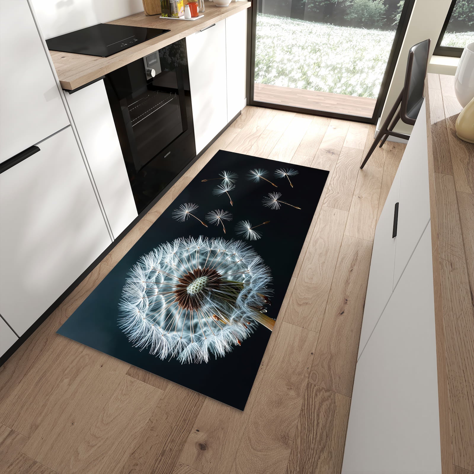 Wasserabweisender Küchenteppich mit Motiv Pusteblume bei Wind in moderner Küche
