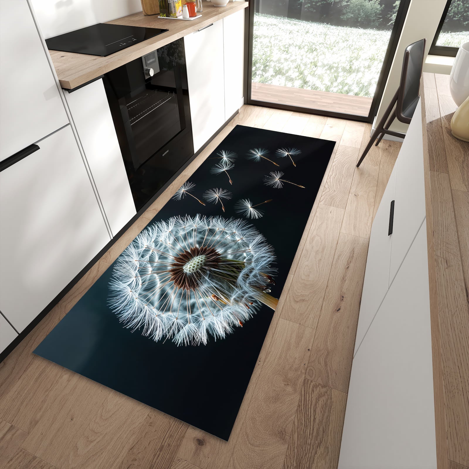 Fleckenresistenter waschbarer Küchenteppich mit Motiv Pusteblume bei Wind in moderner Küche