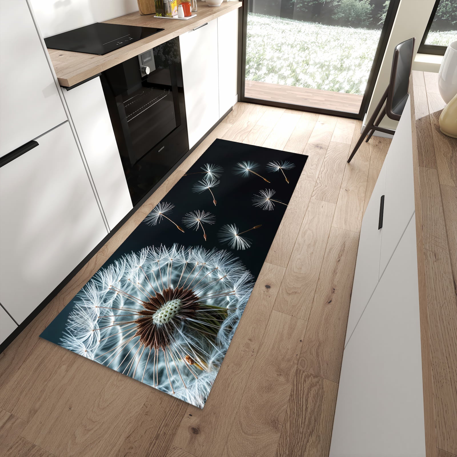 Geräuschdämpfender Teppich für Esstisch mit Motiv Pusteblume bei Wind in moderner Küche