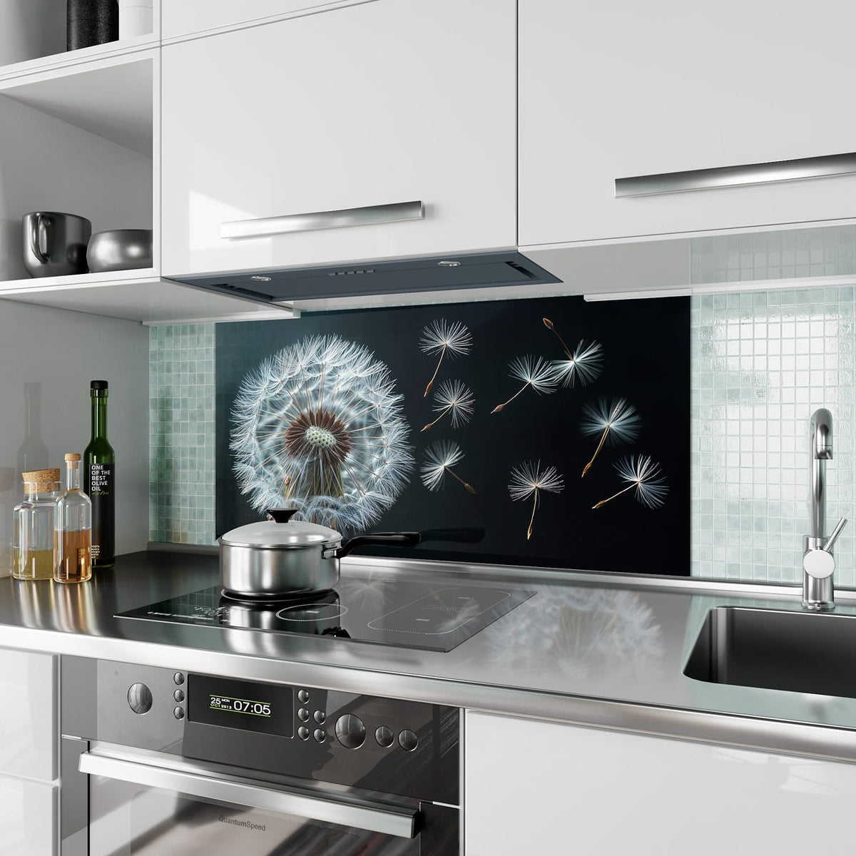 Küchenrückwand aus Glas Fliegende Pusteblume im Hochformat als Spritzschutz hinter dem Kochfeld, über dem Fliesenspiegel montiert