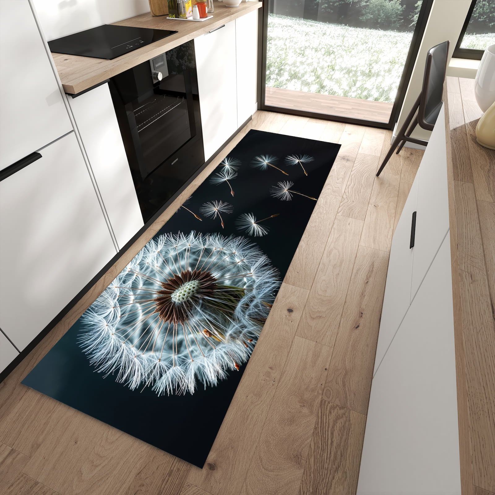 Abriebfester rutschfester Küchenteppich mit Motiv Pusteblume bei Wind in moderner Küche