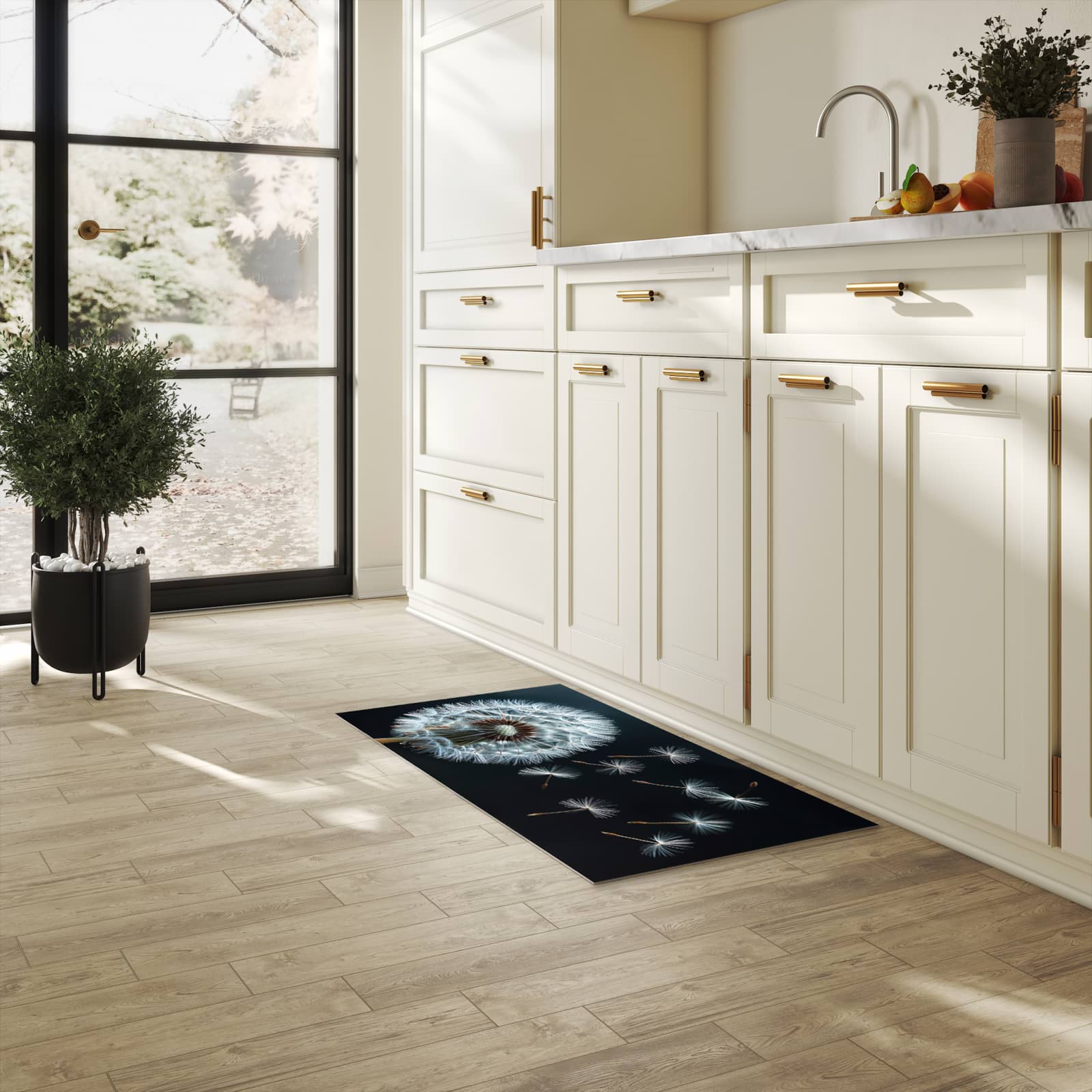 UV-beständiger Küchenläufer mit Motiv Pusteblume bei Wind in heller Küche