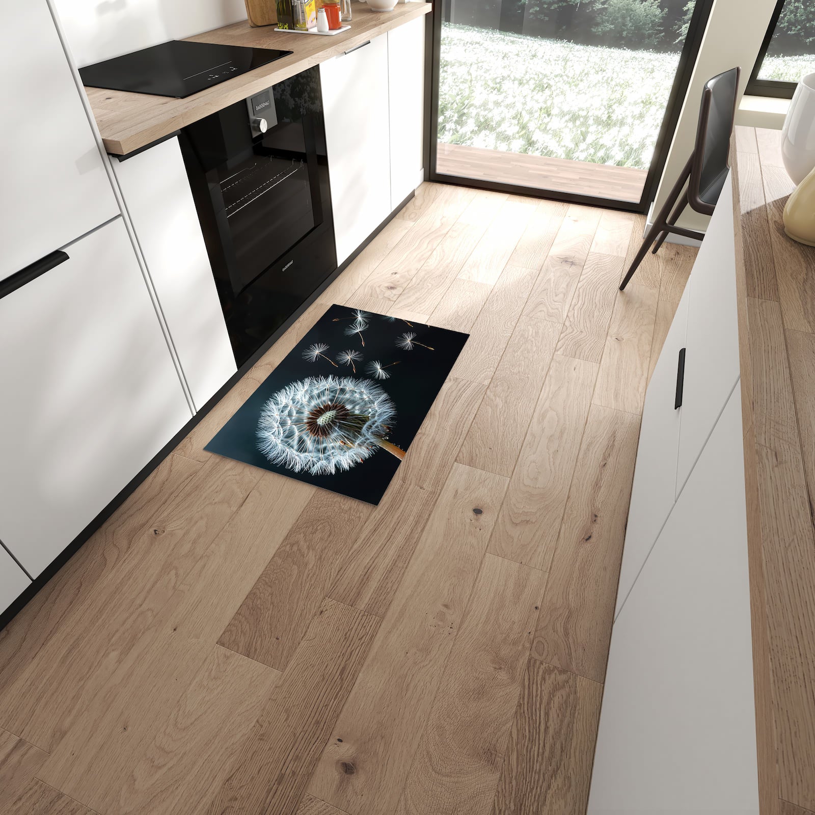 Waschbarer Teppich fürs Esszimmer mit Motiv Pusteblume bei Wind in moderner Küche