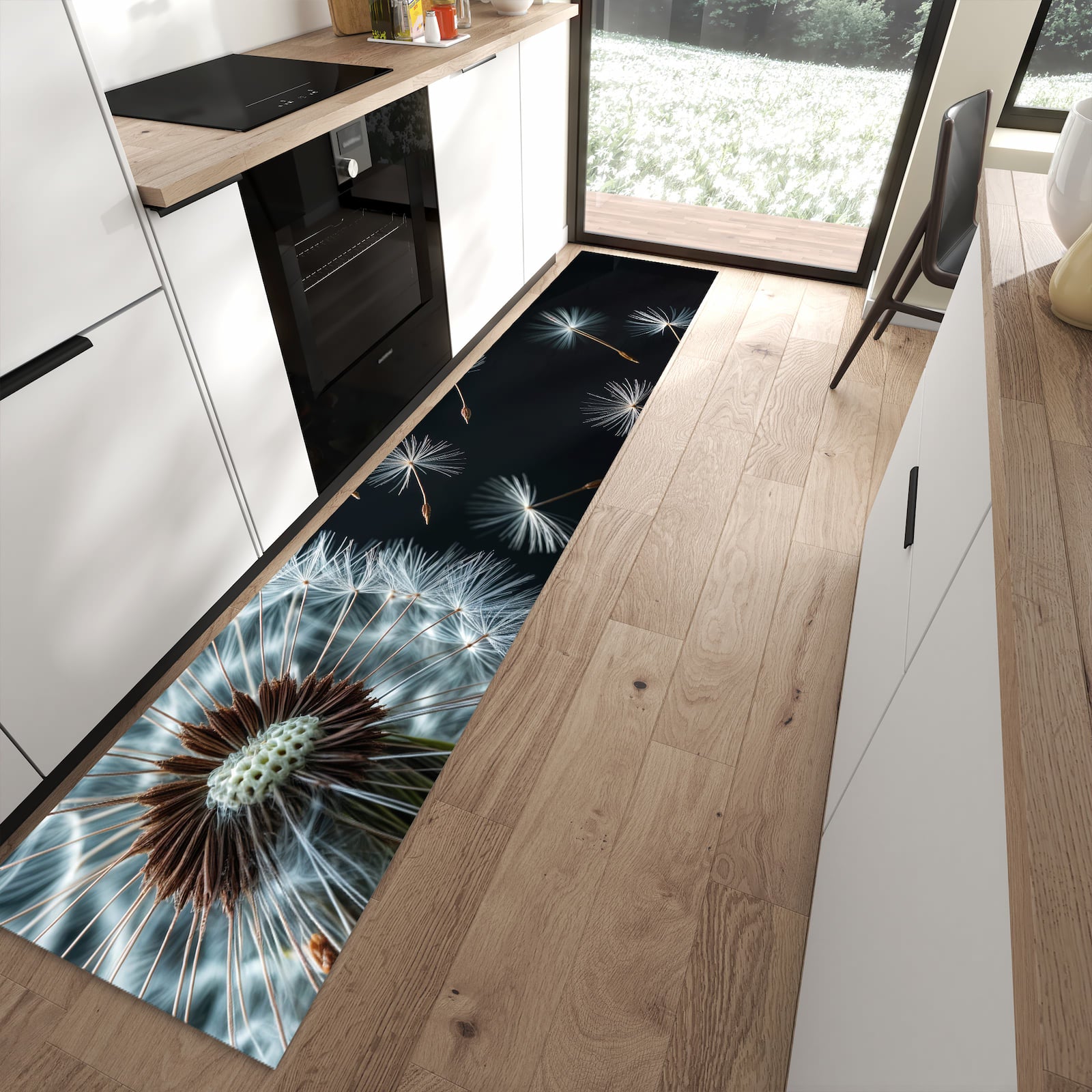 Waschbarer Küchenteppich mit Motiv Pusteblume bei Wind in moderner Küche für sichere Aufbewahrung