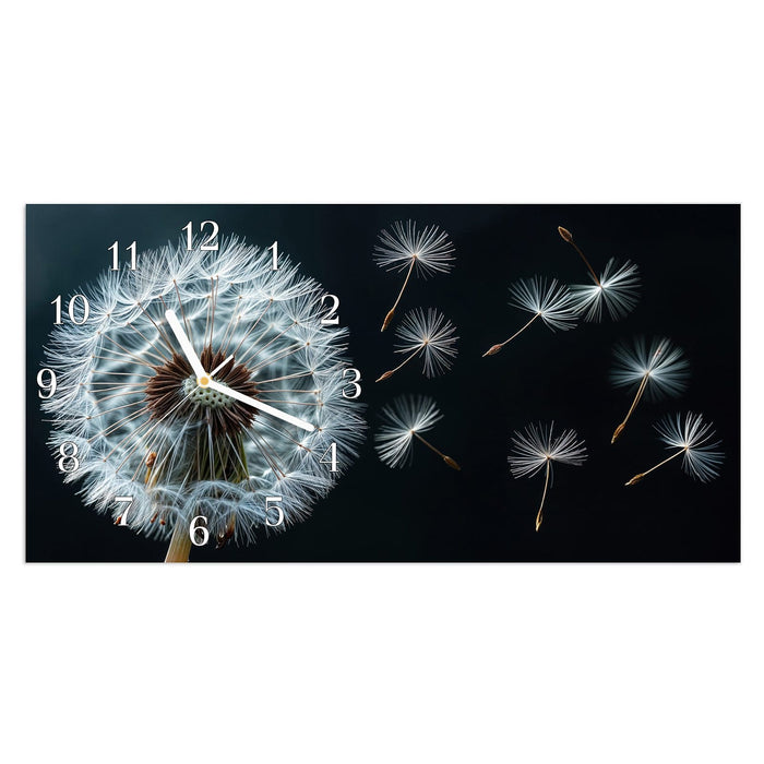 Wanduhr Pusteblume bei Wind aus Glas – Querformat 60 × 30 cm mit Ziffernblatt Klassisch