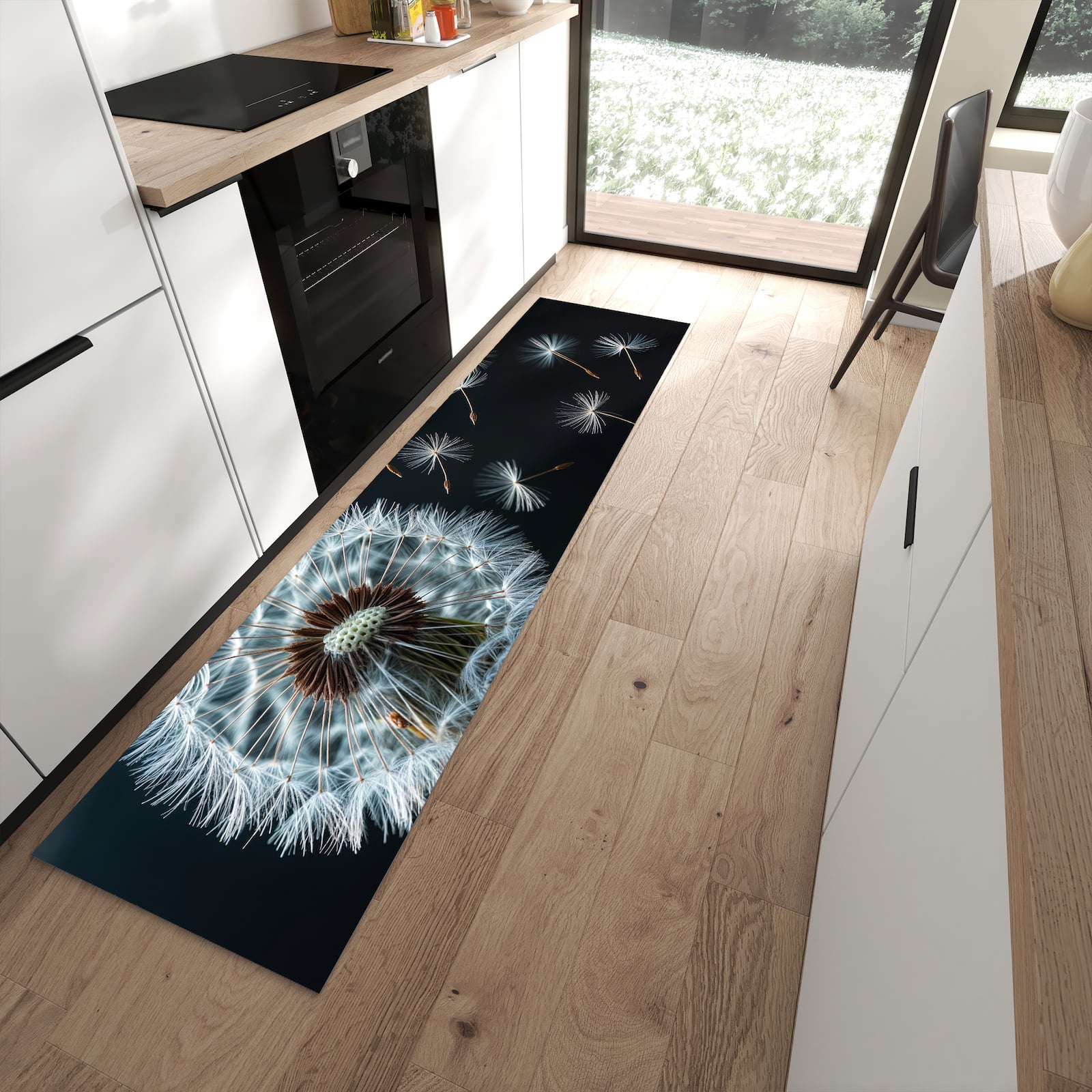 Farbbeständiger dünner Teppich mit Motiv Pusteblume bei Wind in moderner Küche