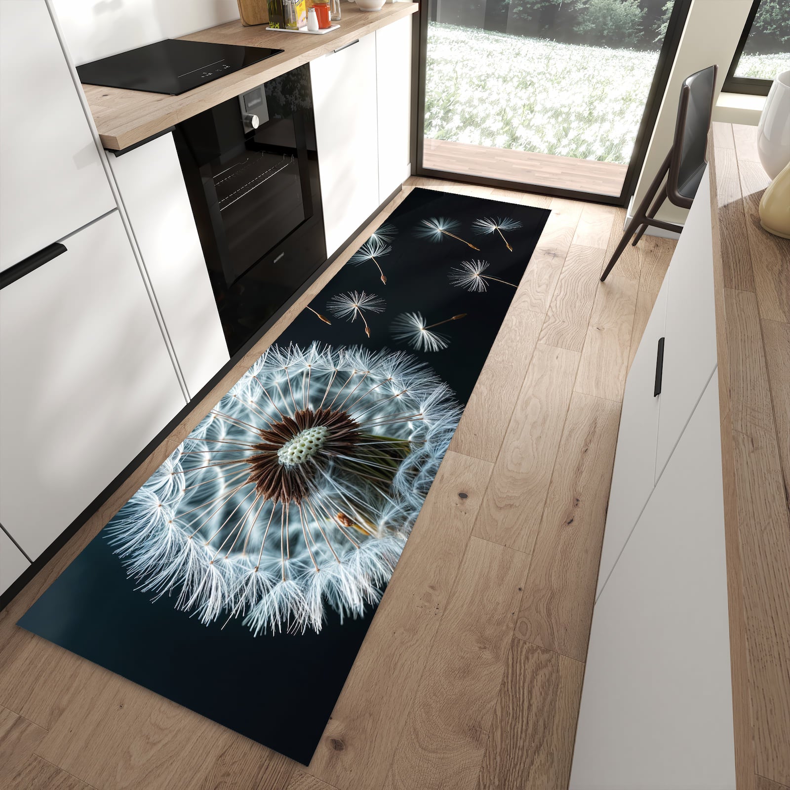 UV-beständiger Bodenläufer mit Motiv Pusteblume bei Wind in moderner Küche