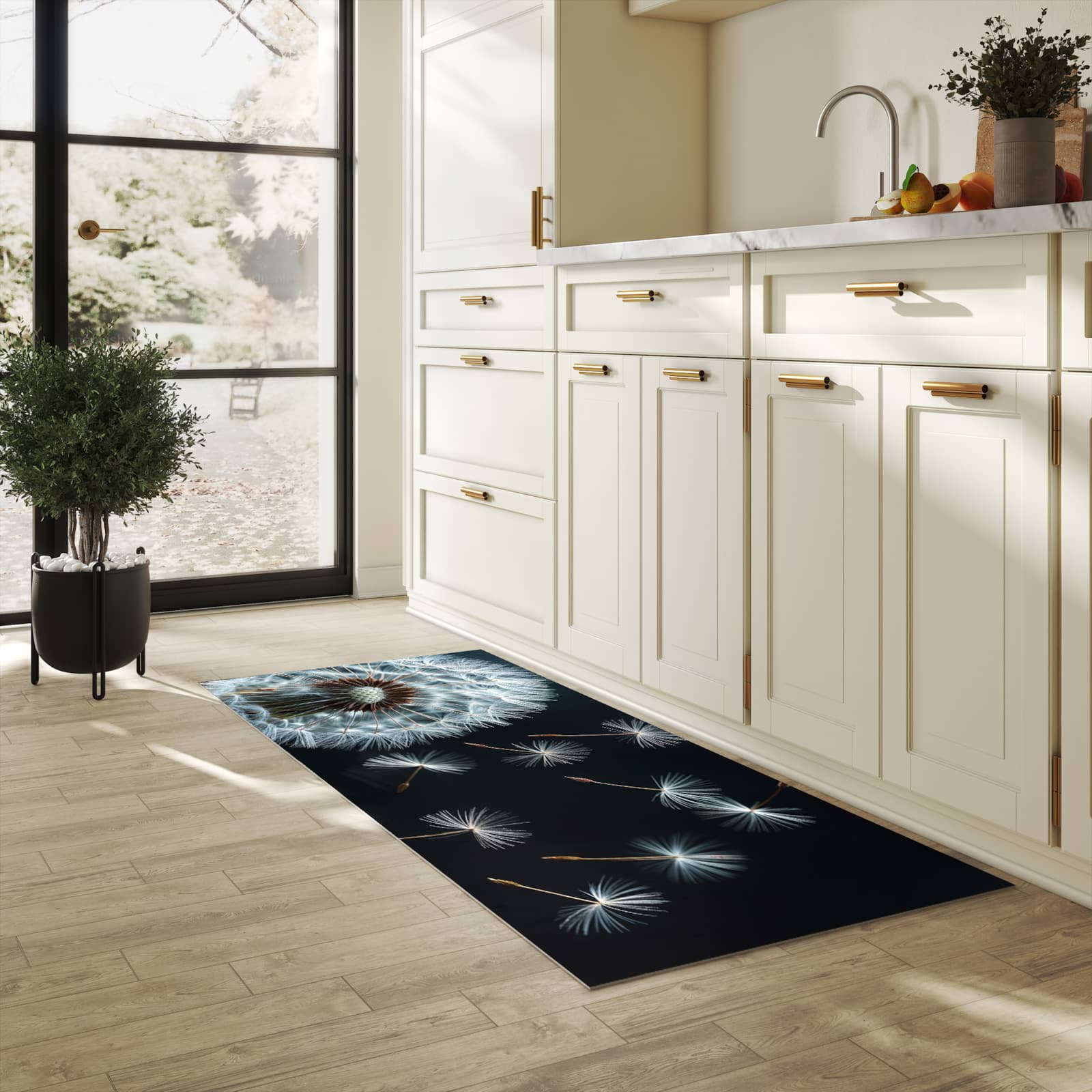 Flacher rutschfester Küchenläufer mit Motiv Pusteblume bei Wind in heller Küche