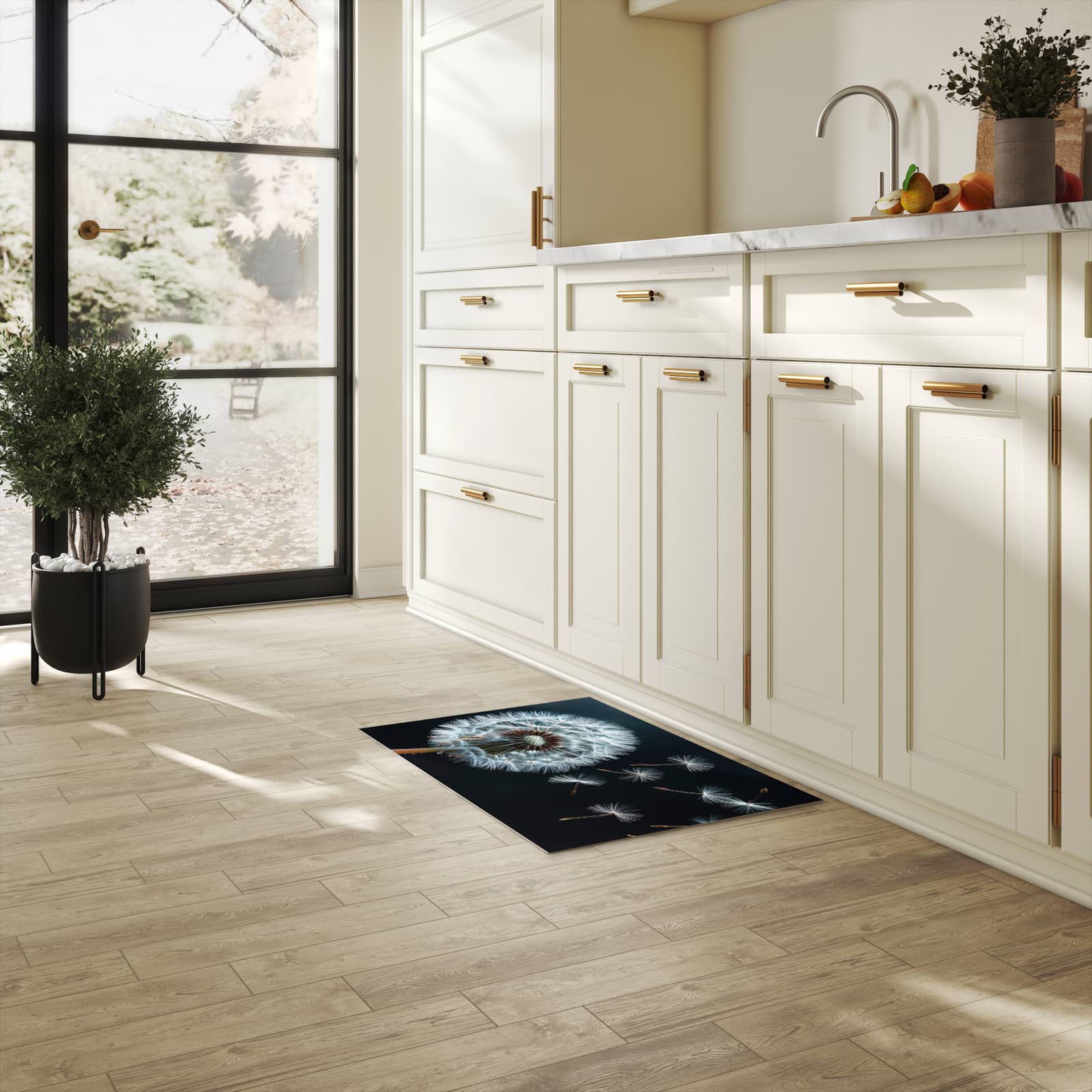 Langlebiger waschbarer Küchenläufer mit Motiv Pusteblume bei Wind in heller Küche