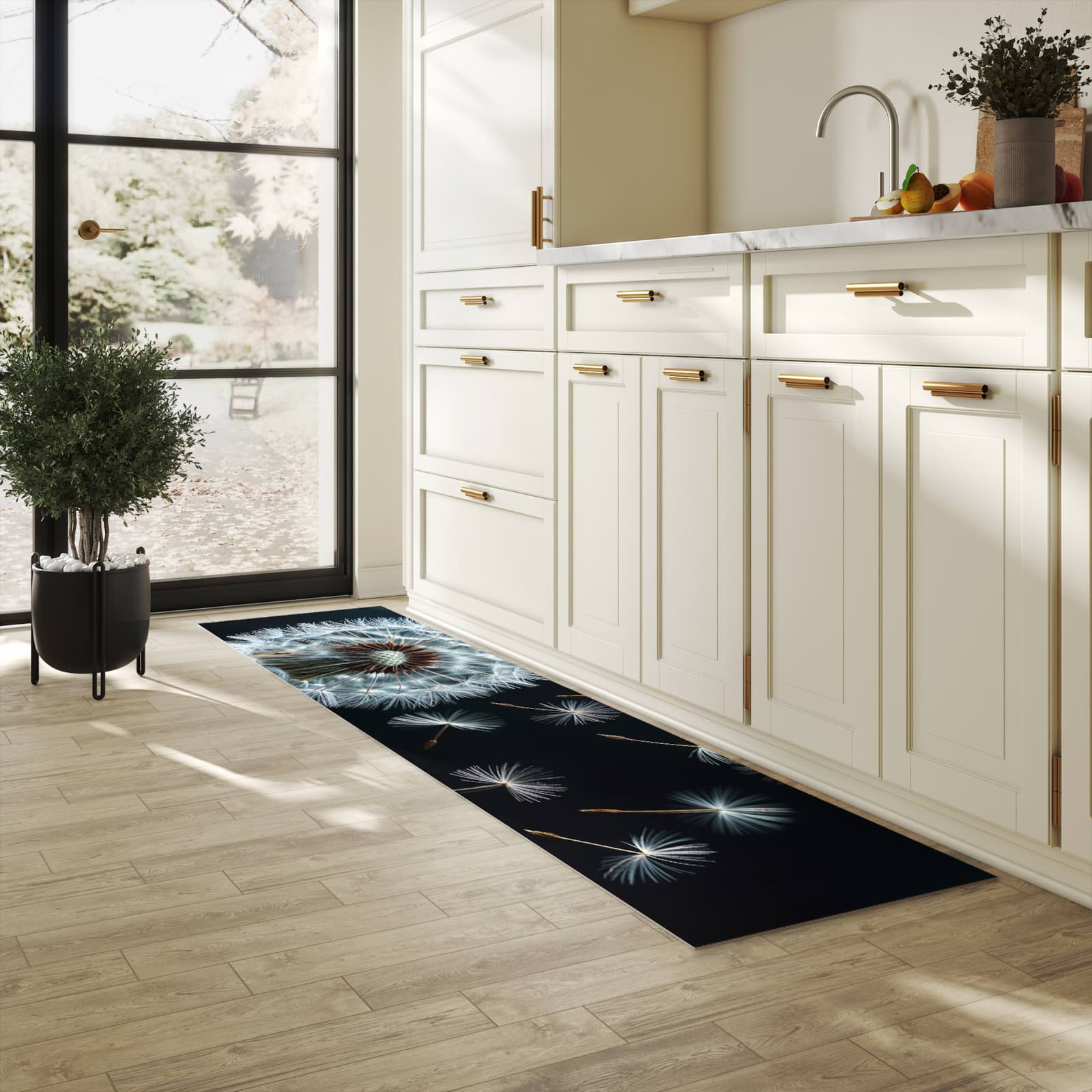 Schmutzabweisender rutschfester Küchenläufer mit Motiv Pusteblume bei Wind in heller Küche