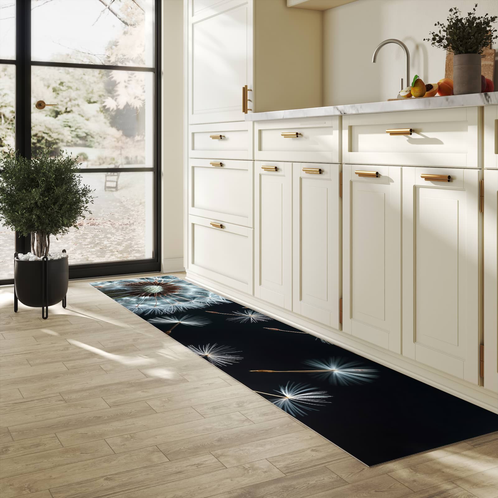 Geruchsneutraler rutschfester Küchenläufer mit Motiv Pusteblume bei Wind in heller Küche