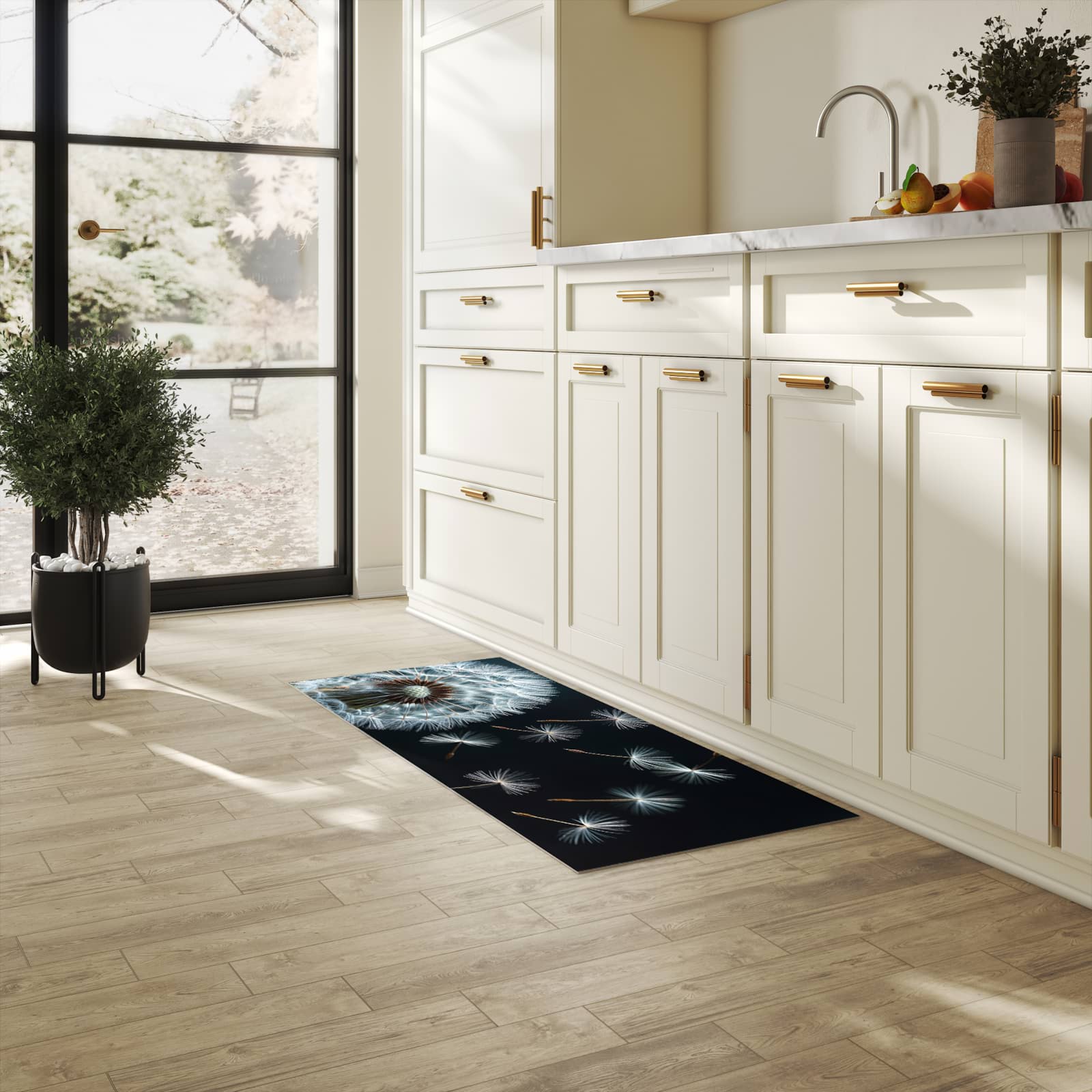 Komfortabler Küchenläufer mit Motiv Pusteblume bei Wind in heller Küche