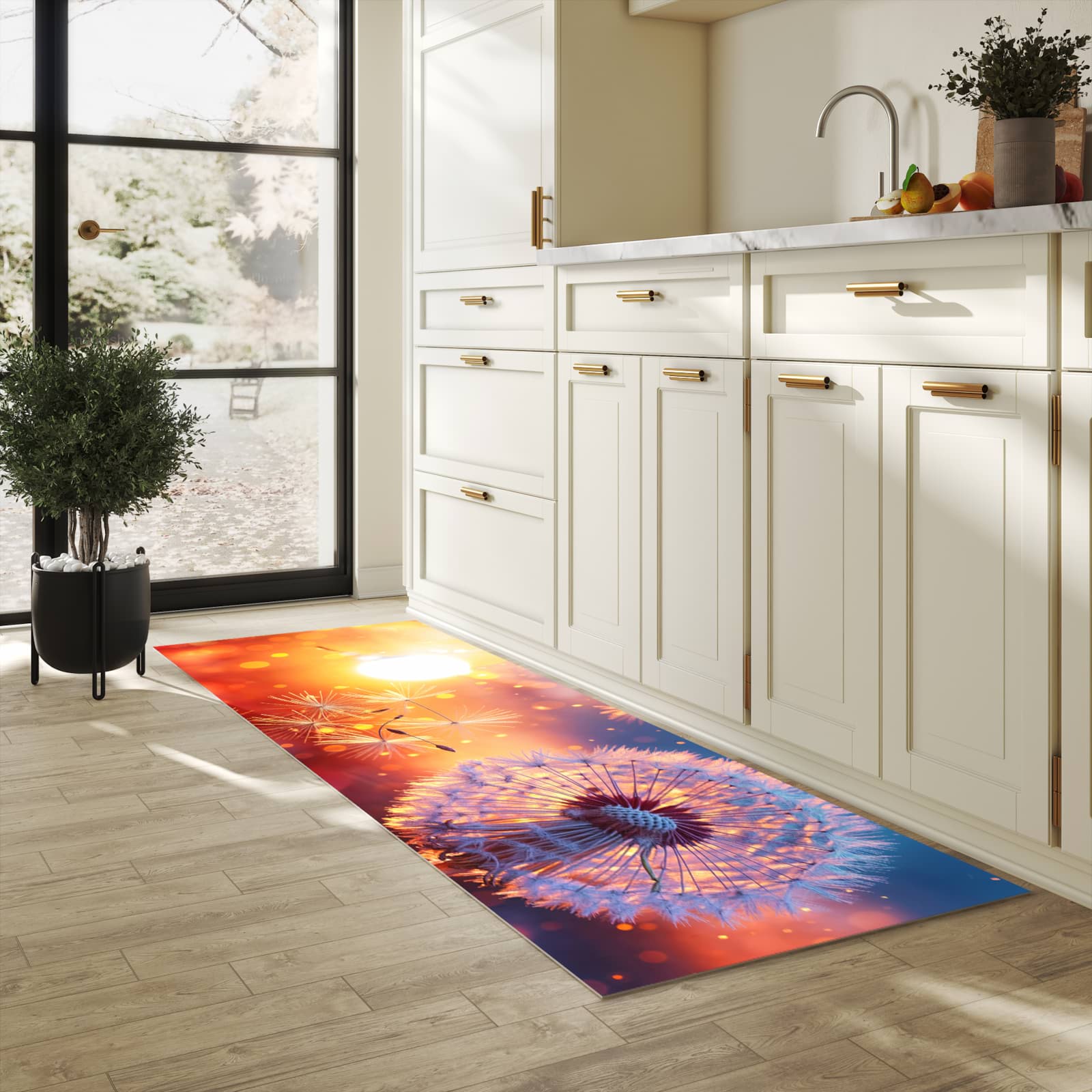 Formstabiler waschbarer Küchenteppich mit Motiv Pusteblume Sonnenuntergang in heller Küche