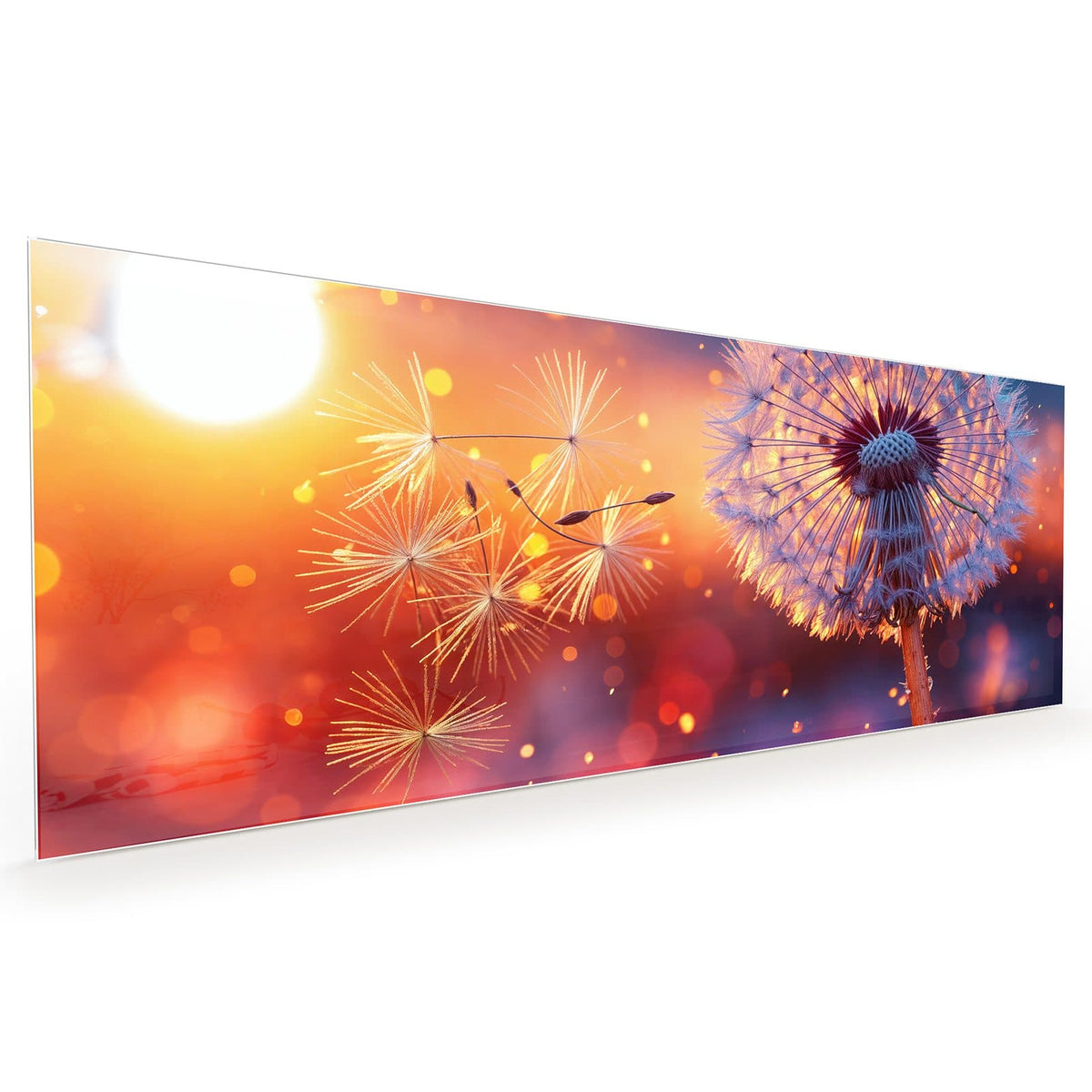 Küchenrückwand aus Glas im Hochformat mit Motiv Pusteblume im Abendlicht: Pusteblume im warmen Gegenlicht vor blau-orange-violettem Bokeh