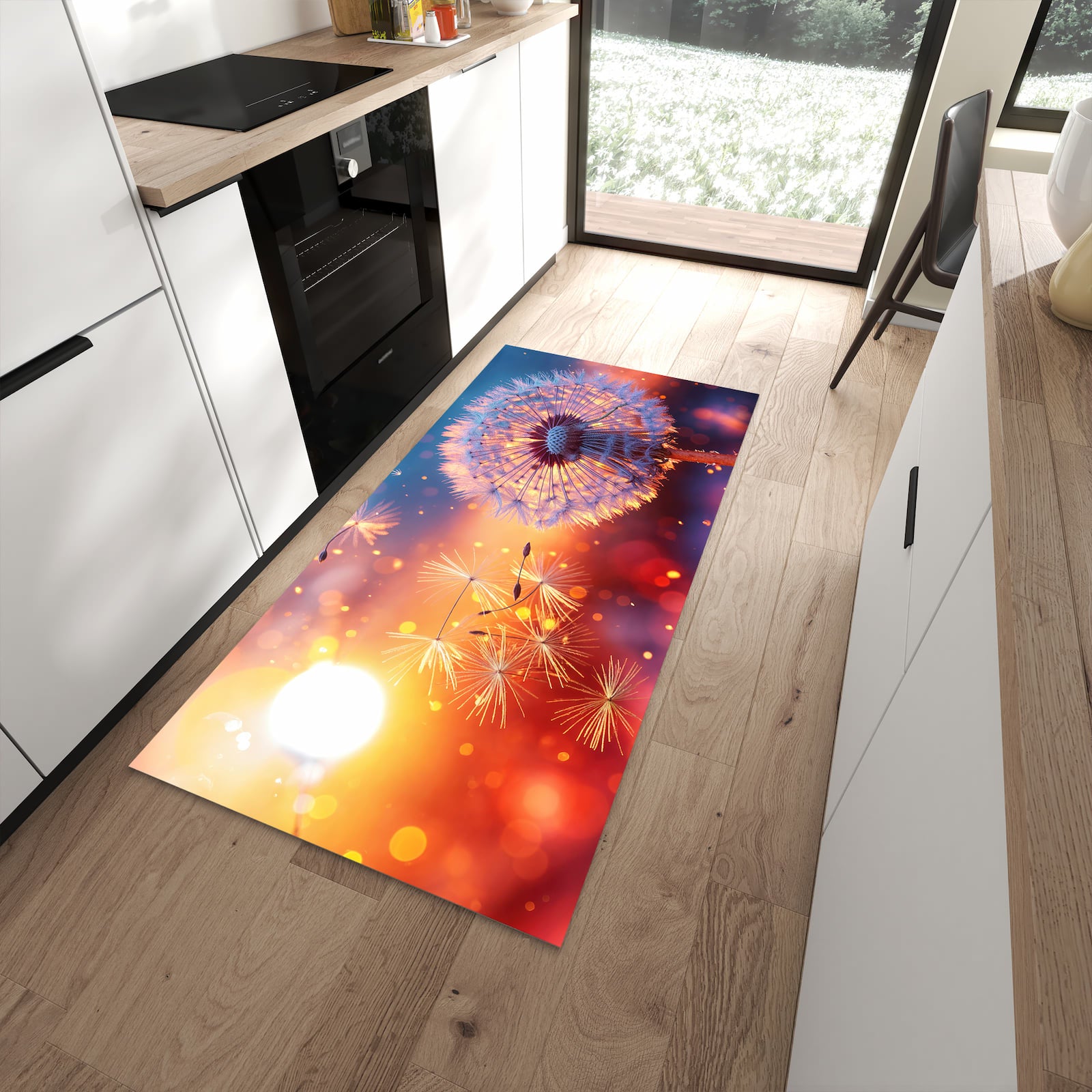 Rutschfester waschbarer Küchenläufer mit Motiv Pusteblume Sonnenuntergang in moderner Küche