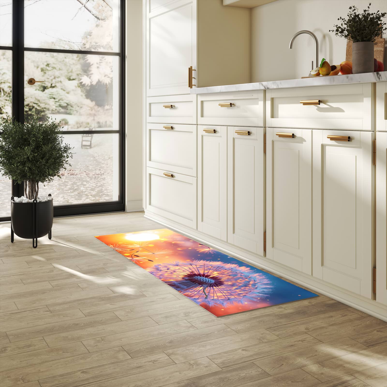Rutschfester Bodenläufer-Teppich mit Motiv Pusteblume Sonnenuntergang in heller Küche
