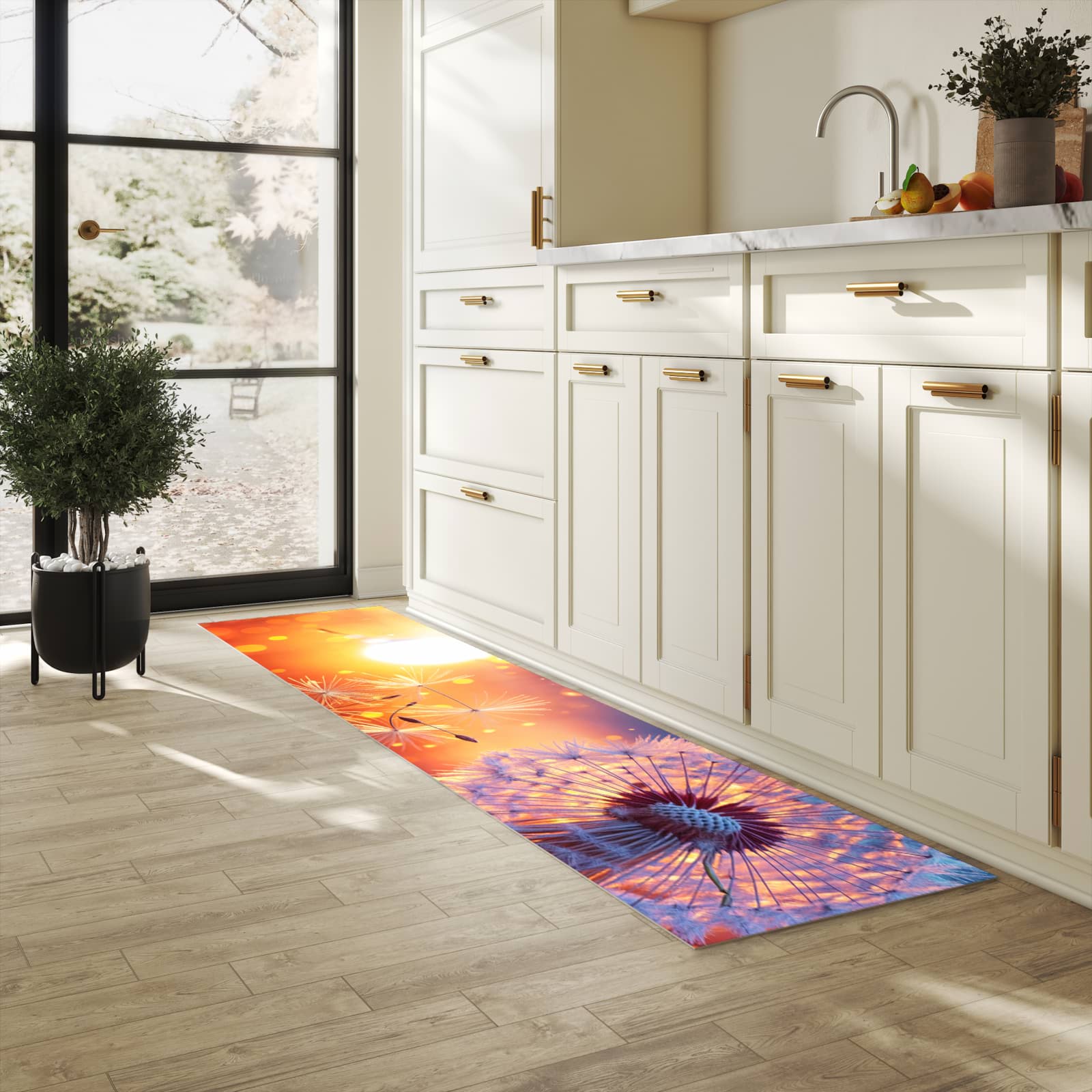 Bodenschonender Küchenteppich mit Motiv Pusteblume Sonnenuntergang in heller Küche