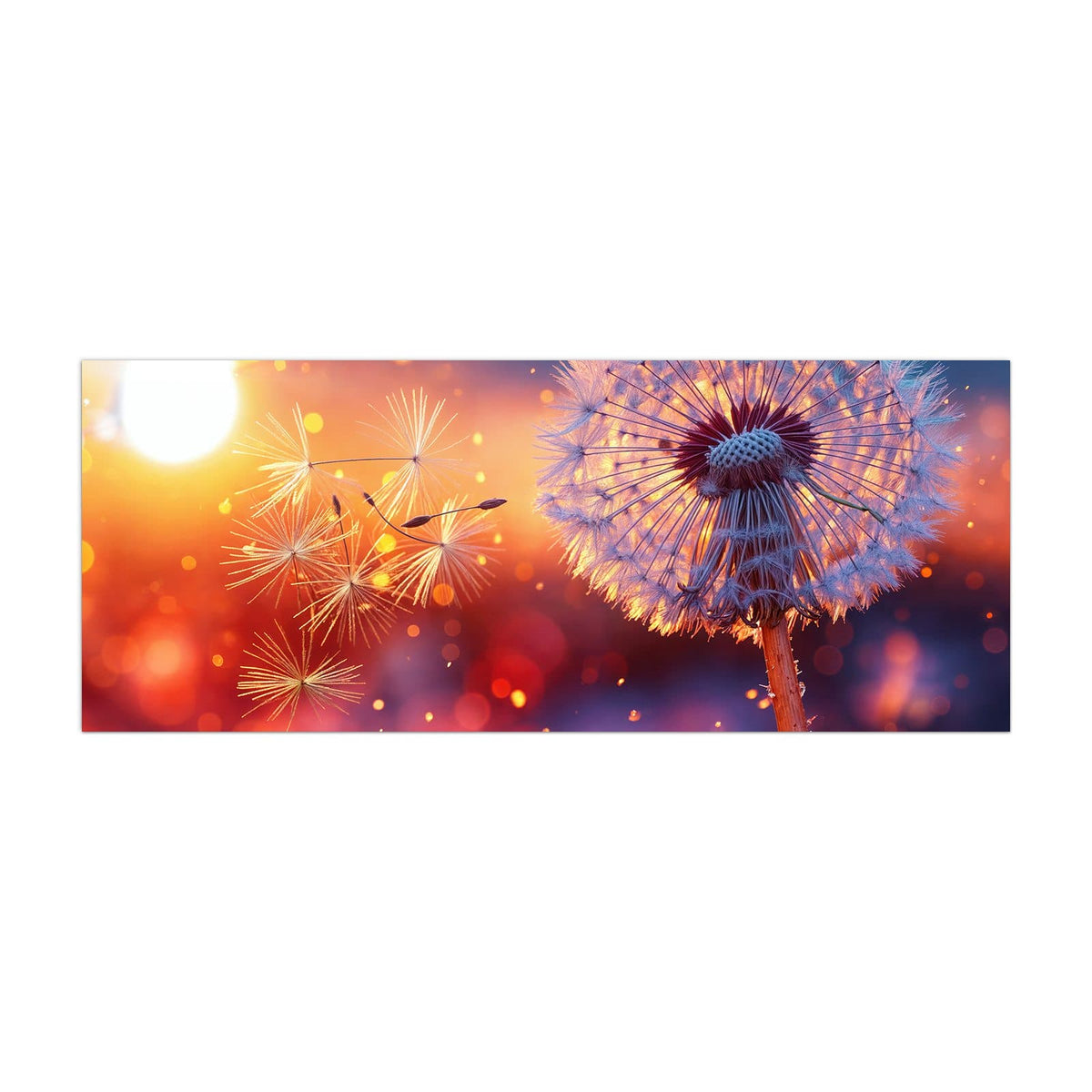 Küchenrückwand aus Glas Pusteblume im Abendlicht im Hochformat, Motiv bildfüllend von vorn