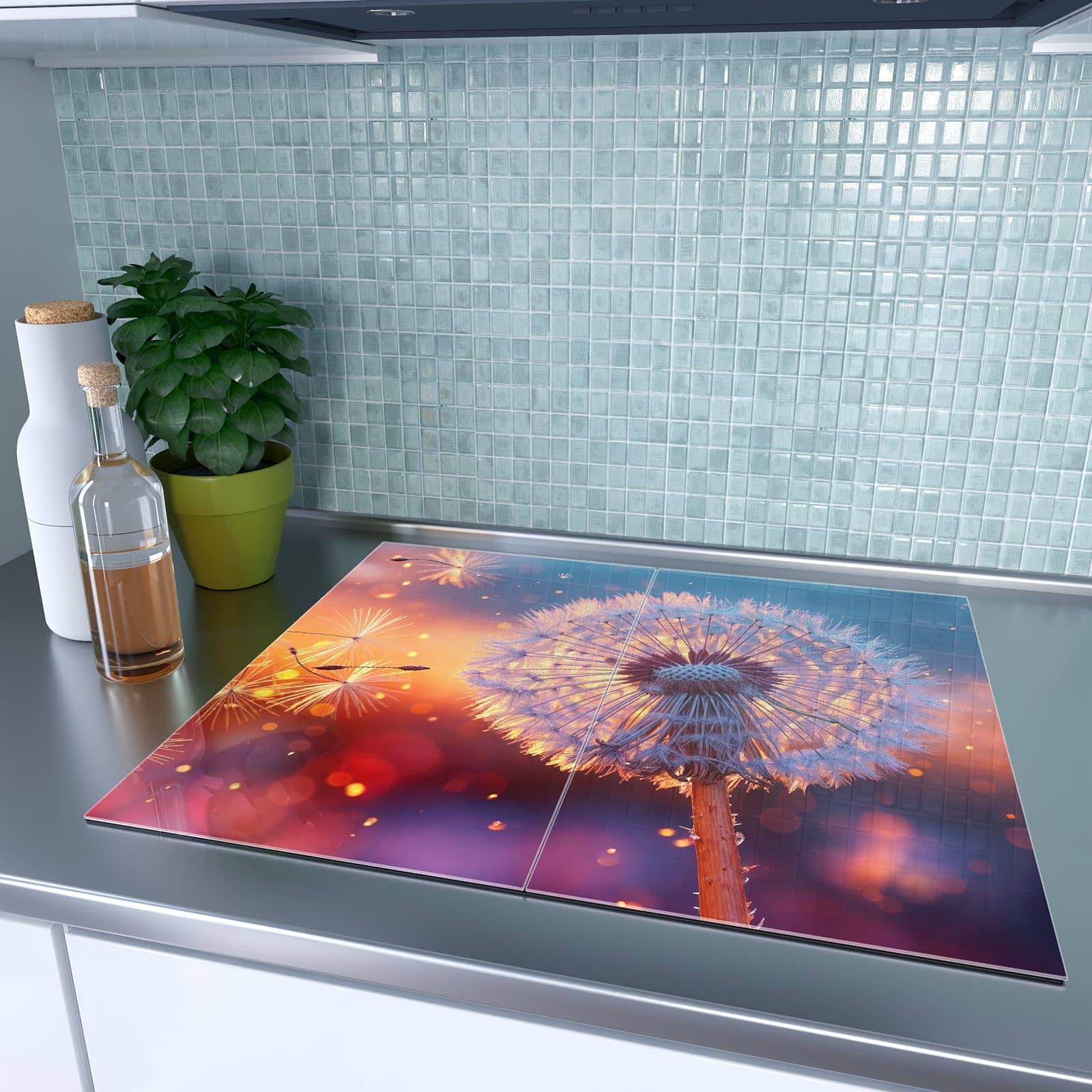 2-teilige Ceranfeld Abdeckplatten mit Pusteblume Sonnenuntergang-Motiv auf dem Ceranfeld