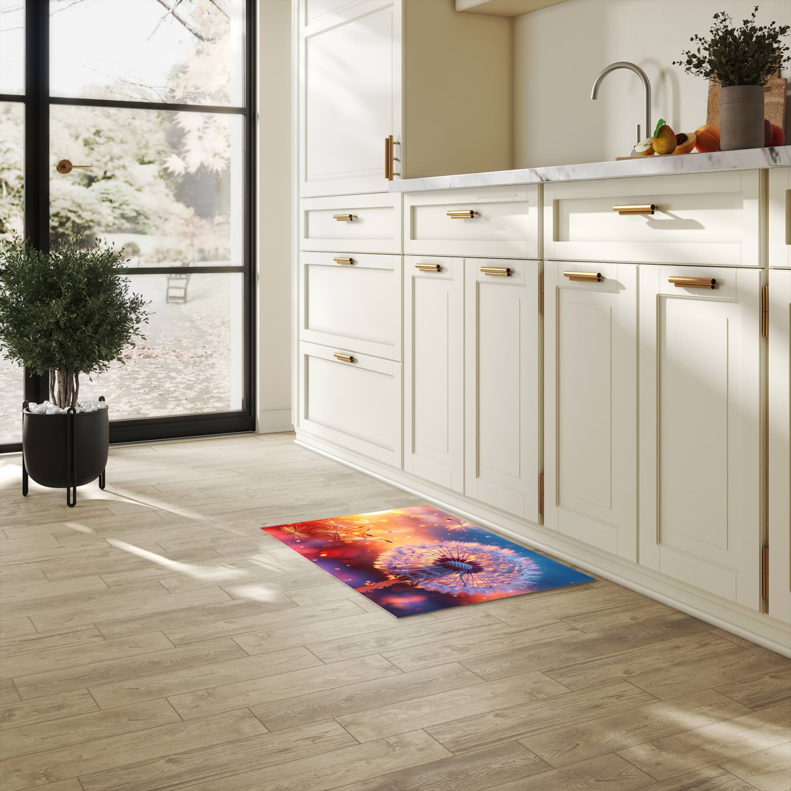 Bodenschonender rutschfester Küchenteppich mit Motiv Pusteblume Sonnenuntergang in heller Küche