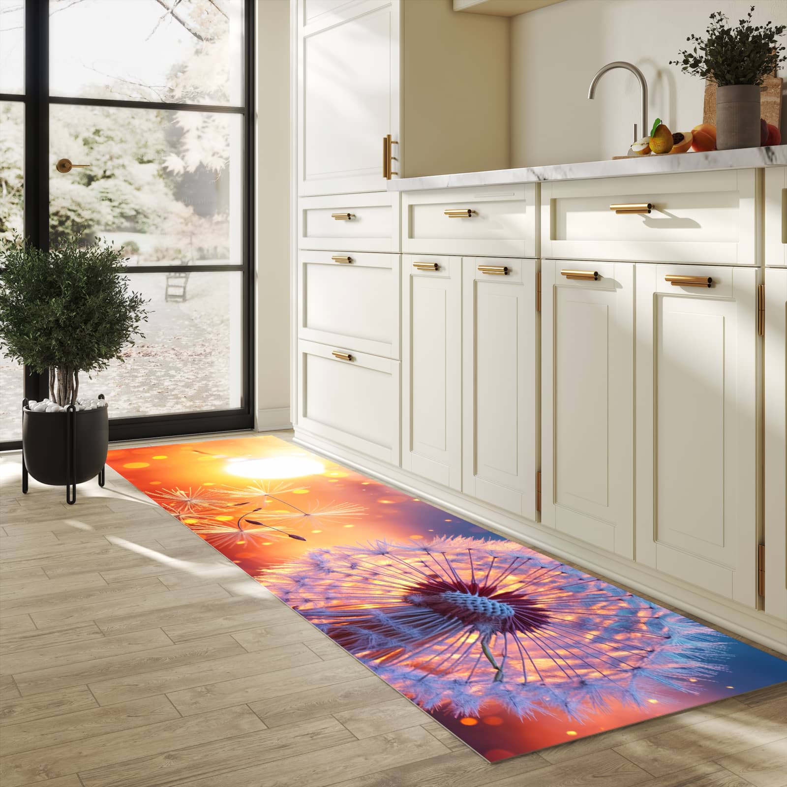 Zeitsparender großer Küchenteppich mit Motiv Pusteblume Sonnenuntergang in heller Küche