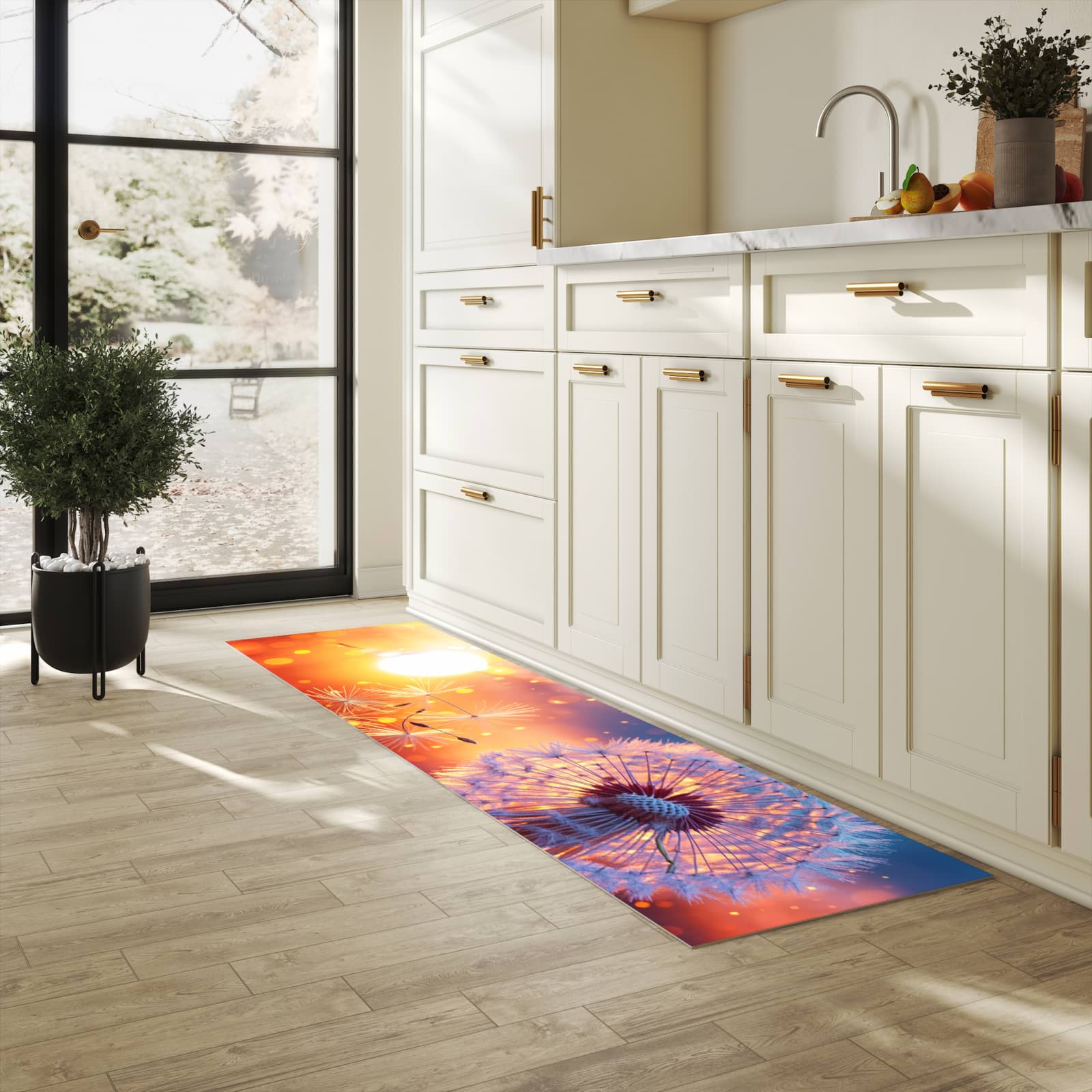 Feuchtigkeitsresistenter Küchenteppich mit Motiv Pusteblume Sonnenuntergang in heller Küche