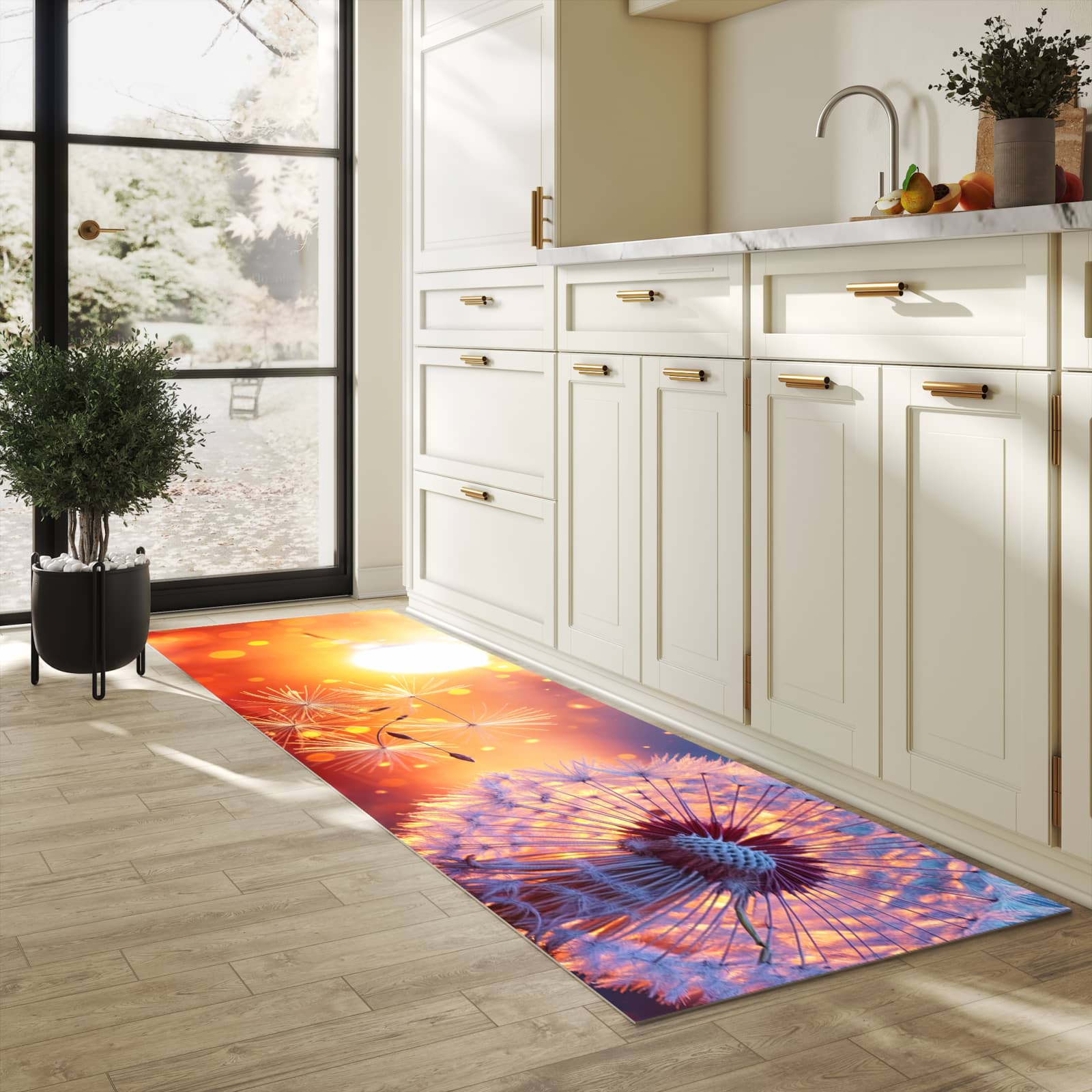 Waschbarer Küchenteppich mit Motiv Pusteblume Sonnenuntergang in heller Küche für sichere Aufbewahrung