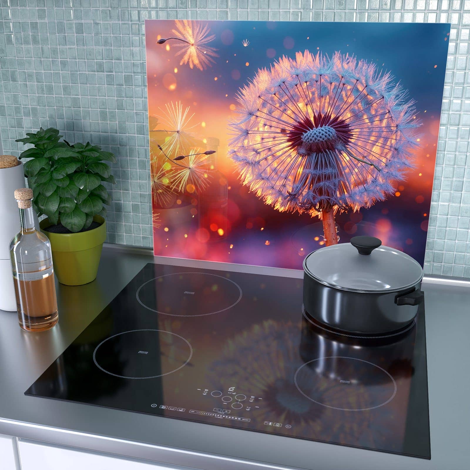1-teilige Herdabdeckplatte mit Pusteblume Sonnenuntergang-Motiv als Spritzschutz hinter dem Kochfeld