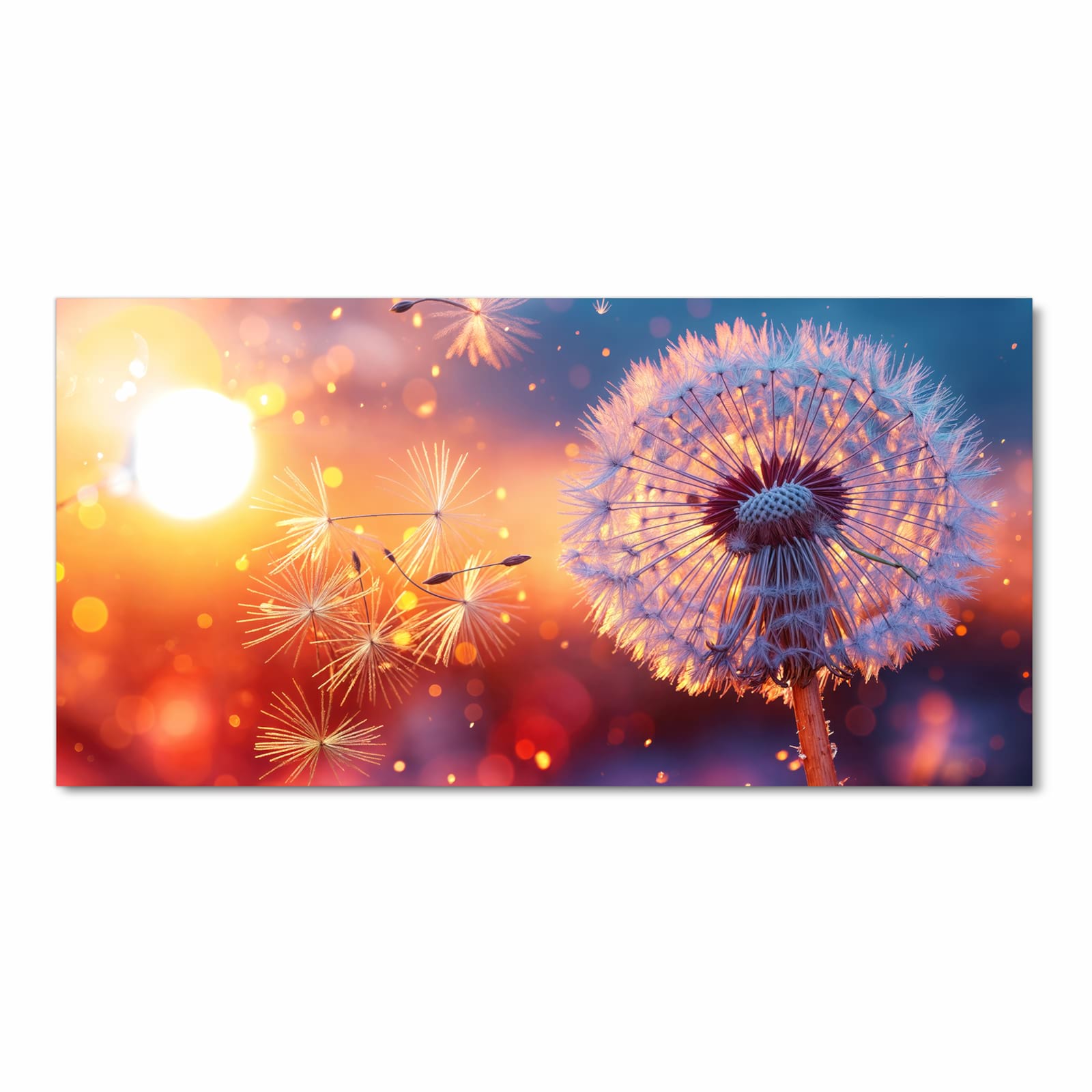 Bodenschonender Teppich fürs Esszimmer mit Motiv Pusteblume Sonnenuntergang in Frontansicht, waschbar