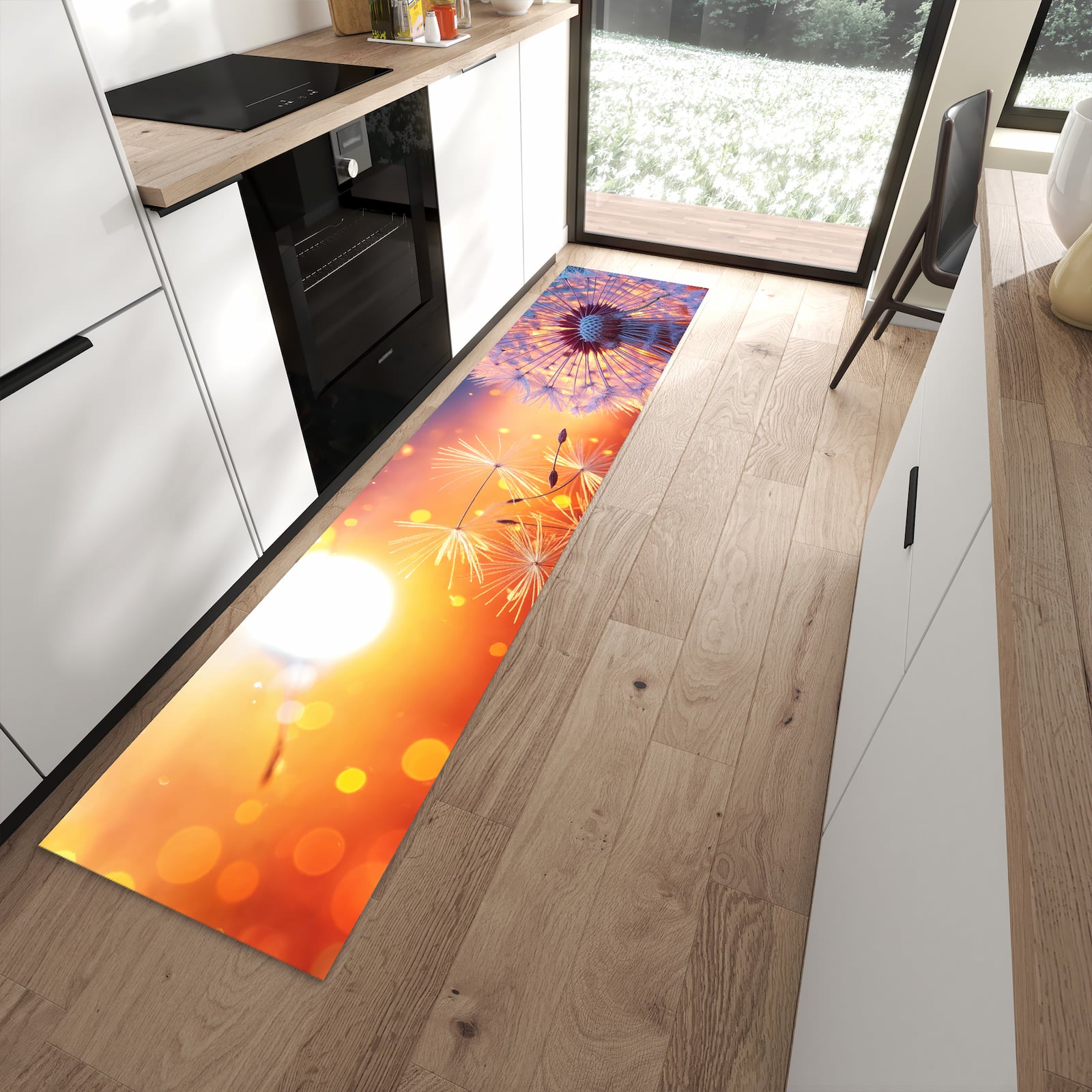 Rutschfester Küchenläufer mit Motiv Pusteblume Sonnenuntergang in moderner Küche