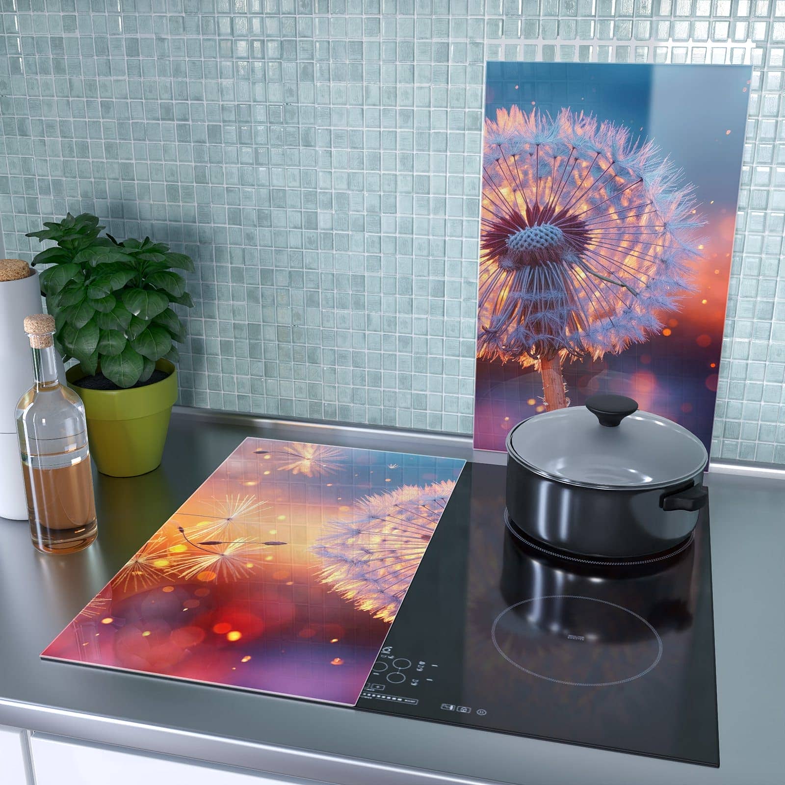 2-teilige Abdeckplatten für den Herd mit Pusteblume Sonnenuntergang-Motiv als Spritzschutz hinter dem Kochfeld