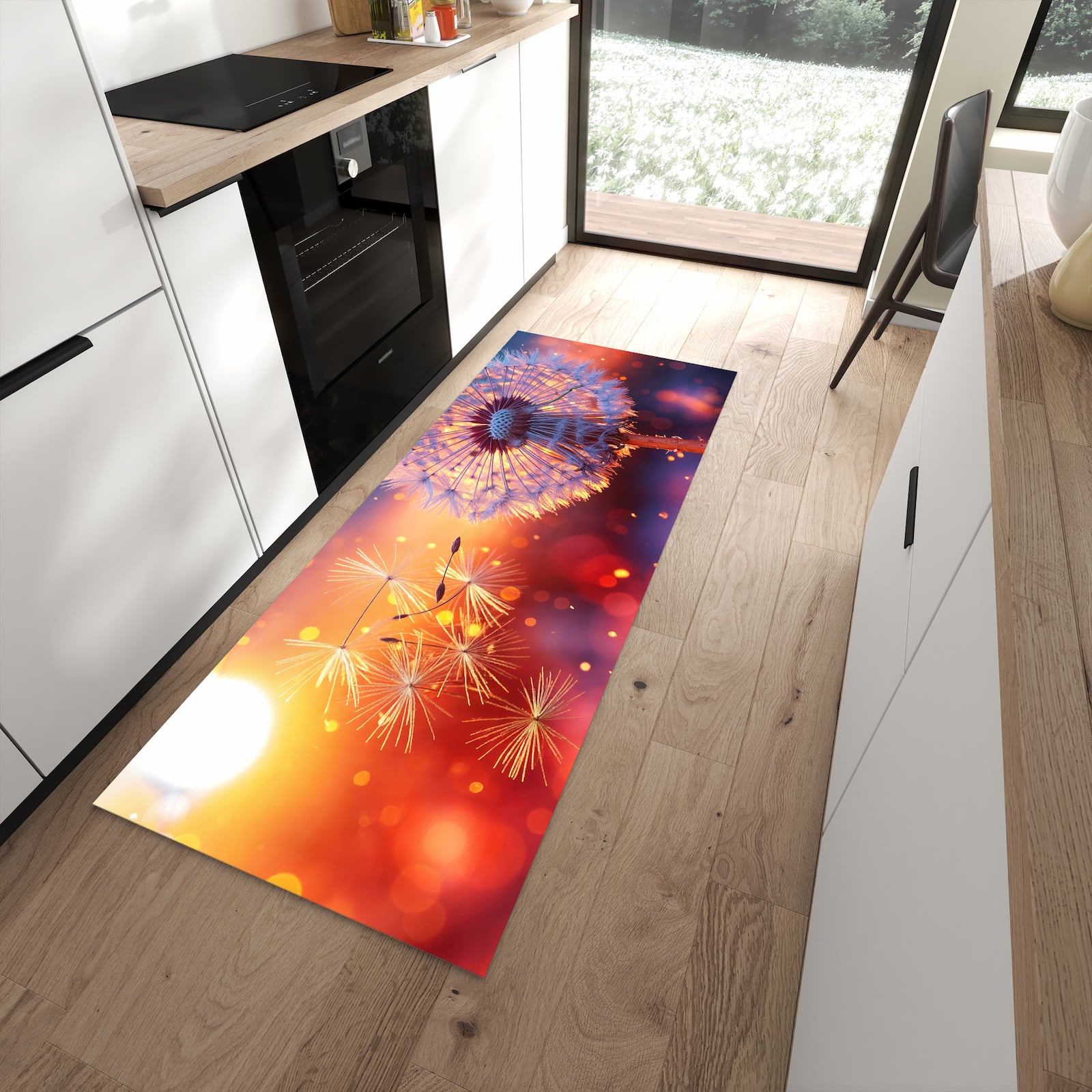 Hygienischer Küchenteppich mit Motiv Pusteblume Sonnenuntergang in moderner Küche - waschbar