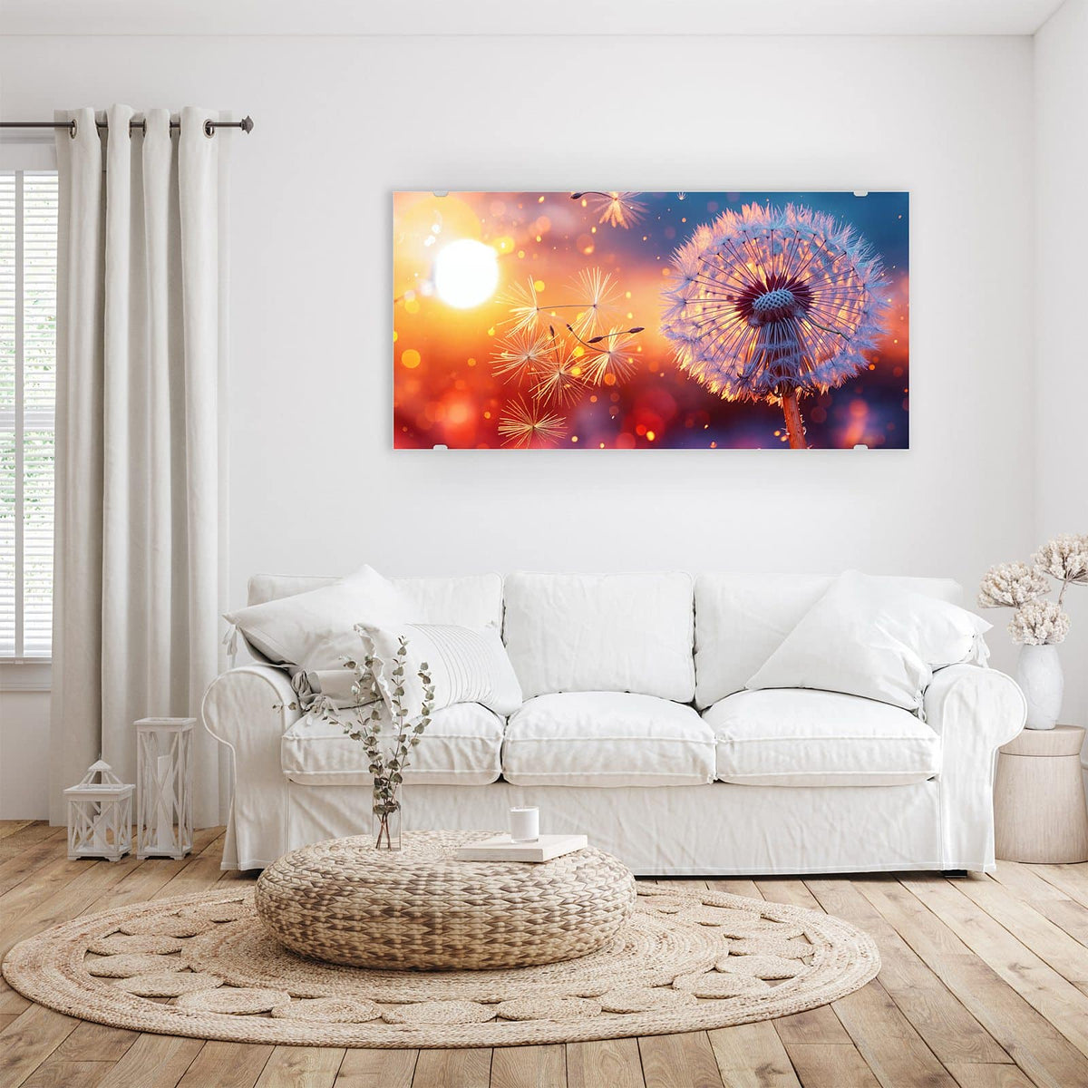 Wandbild - Pusteblume im Abendlicht - Querformat – Löwenzahn im warmen Gegenlicht