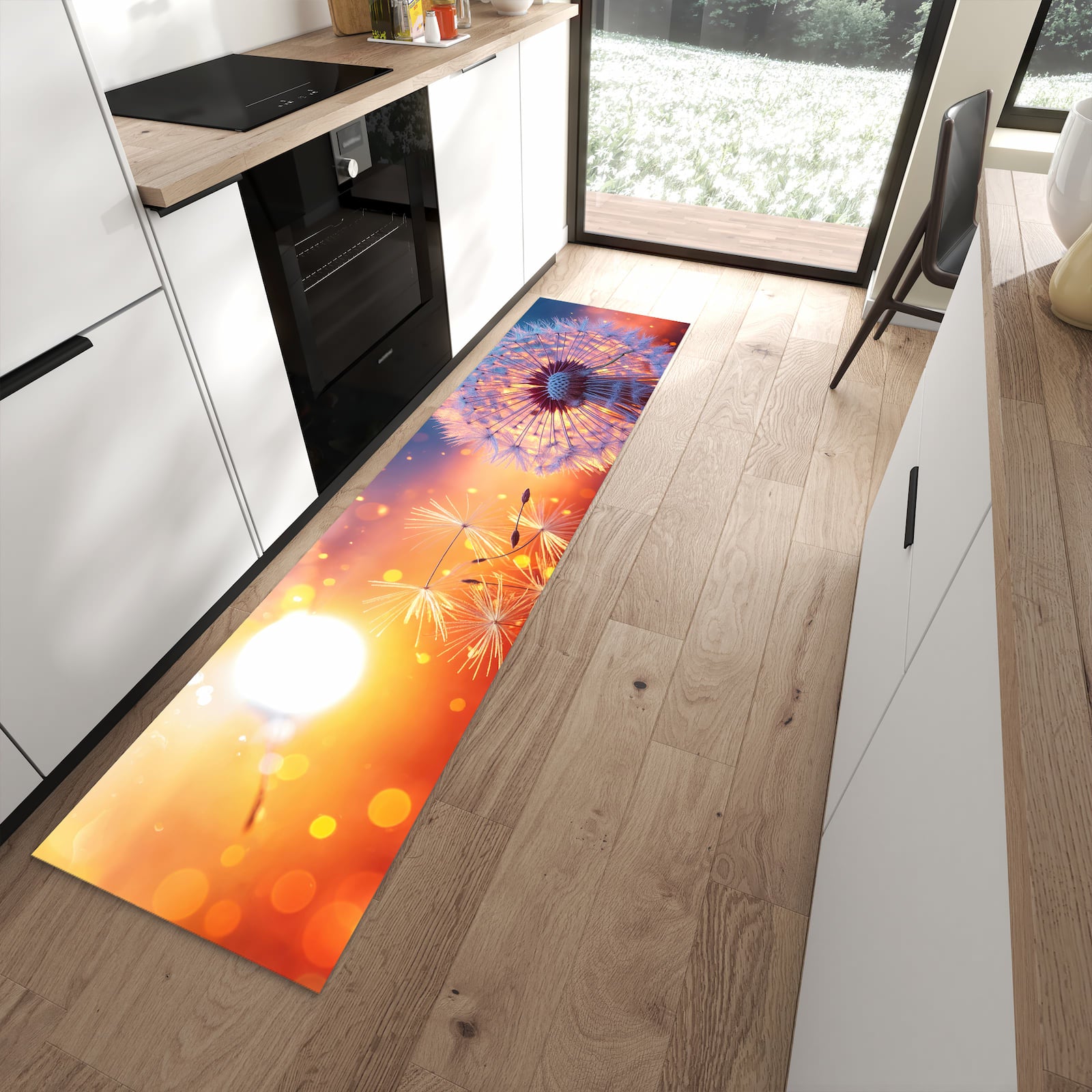 Komfortabler Küchenläufer mit Motiv Pusteblume Sonnenuntergang in moderner Küche