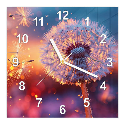 Wanduhr Quadratisch mit dem Motiv Pusteblume im Abendlicht