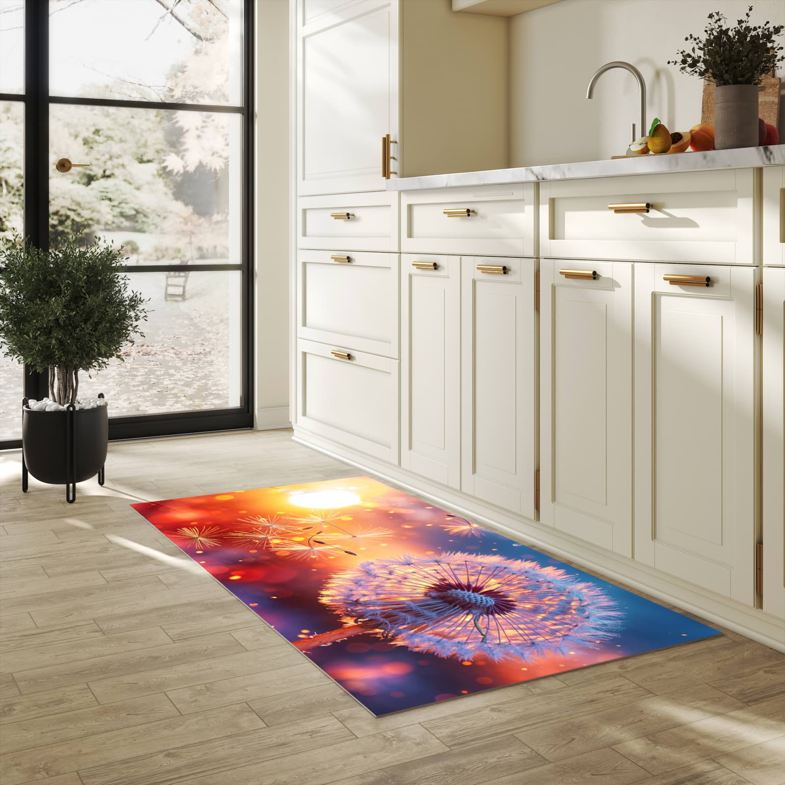 Geräuschdämpfender rutschfester Küchenteppich mit Motiv Pusteblume Sonnenuntergang in heller Küche