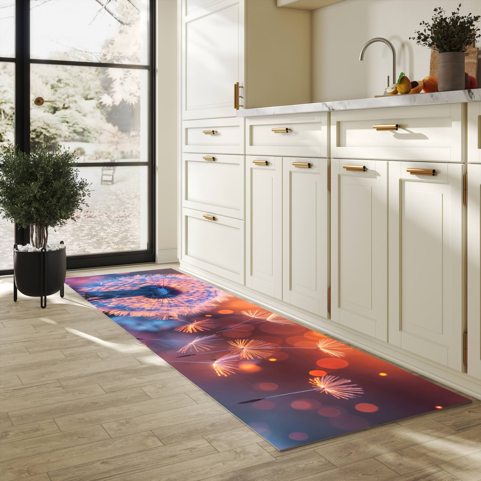 Rutschfester Küchenteppich mit Motiv Pusteblumenglühen in heller Küche, einfach zu reinigen