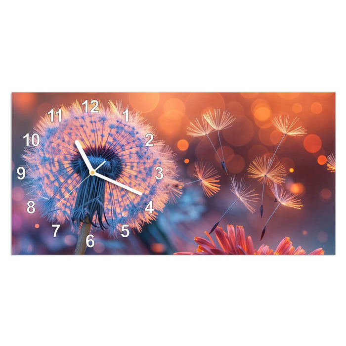 Wanduhr Glühende Pusteblume aus Glas – Querformat 60 × 30 cm mit Ziffernblatt Modern