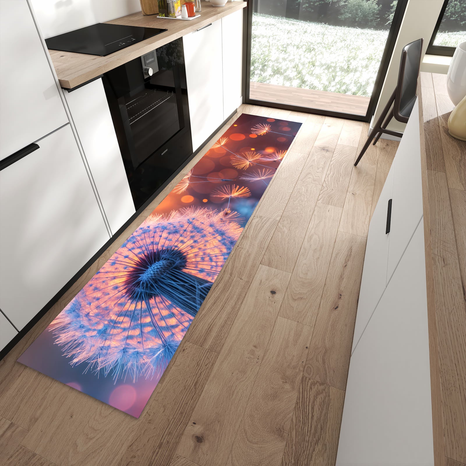 Zeitsparender moderner Küchenläufer mit Motiv Pusteblumenglühen in moderner Küche