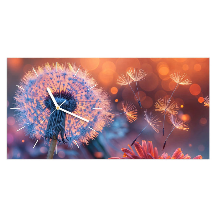 Wanduhr Glühende Pusteblume aus Glas – Querformat 60 × 30 cm mit Ziffernblatt Linie